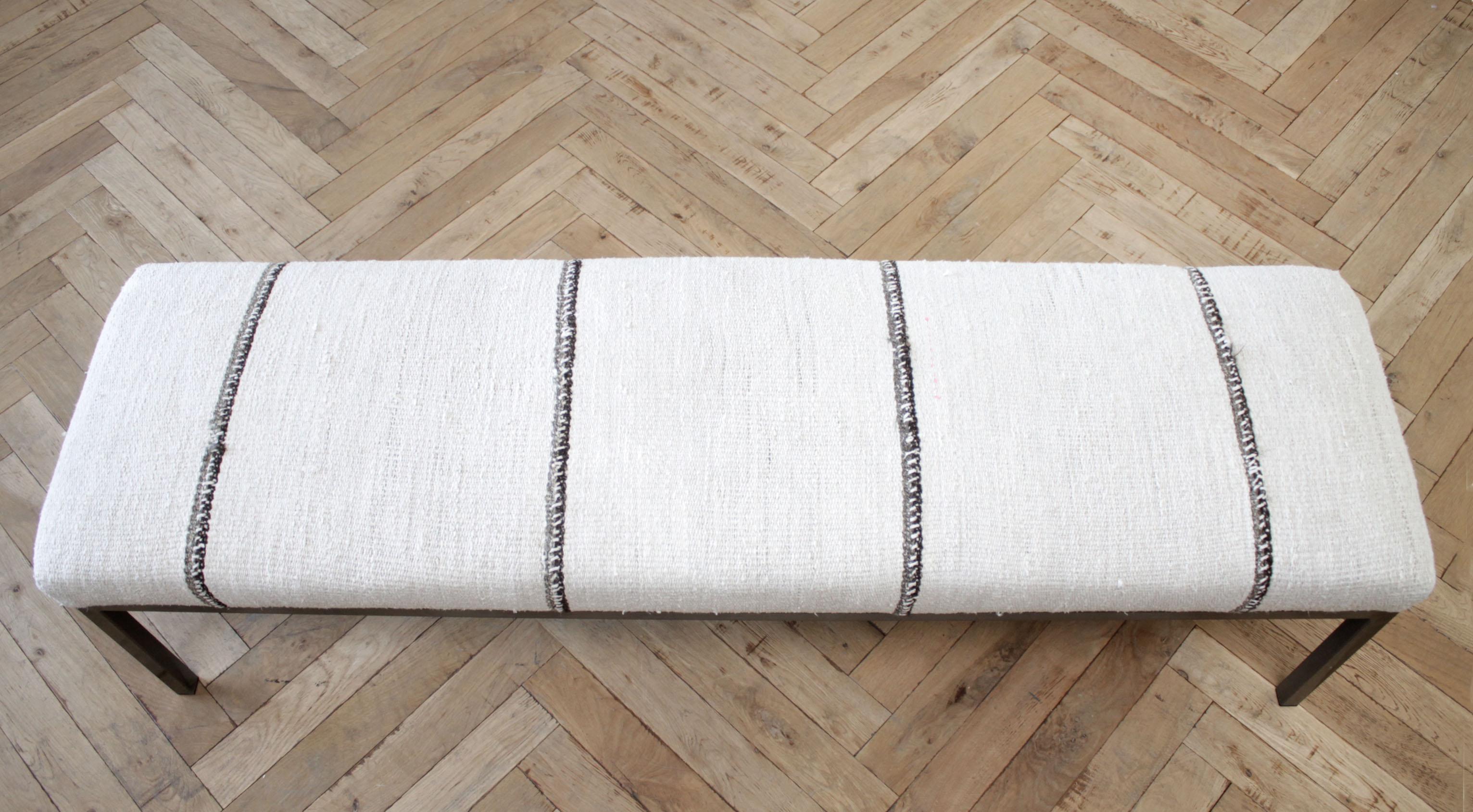 North American Custom Made Iron Bench Upholstered in an Vintage Turkish Hemp Rug