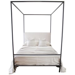 Custom Made Iron Canopy Bed with Organic Belgian Linen Headboard