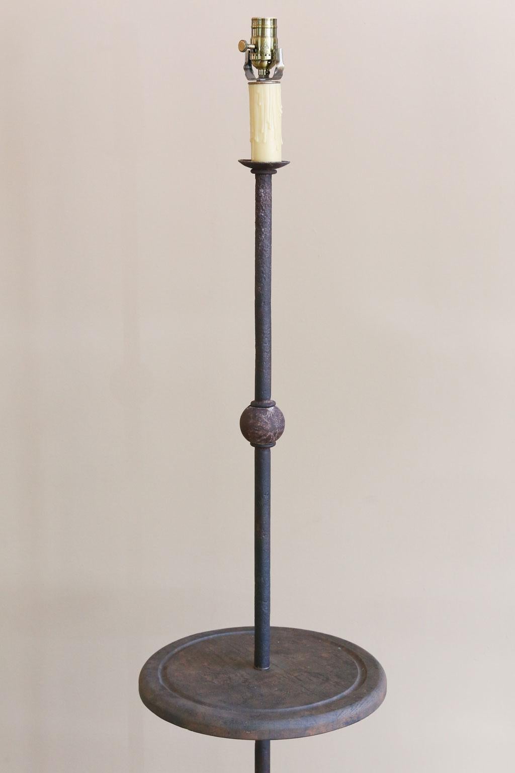 Contemporary Custom Made Iron Floor Lamp with Oak Shelf That Function as as a Table