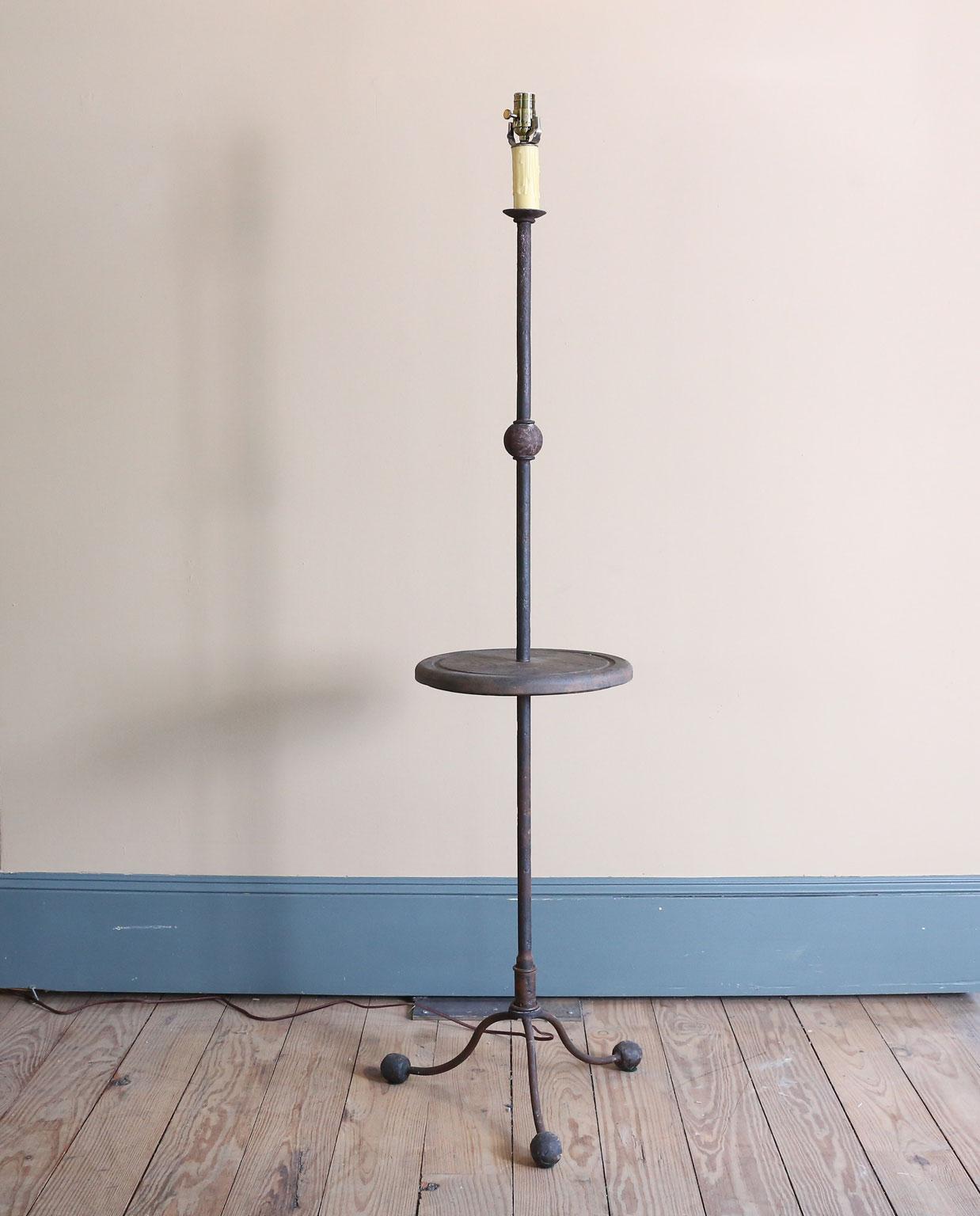 Custom Made Iron Floor Lamp with Oak Shelf That Functions as as a Side Table For Sale 3