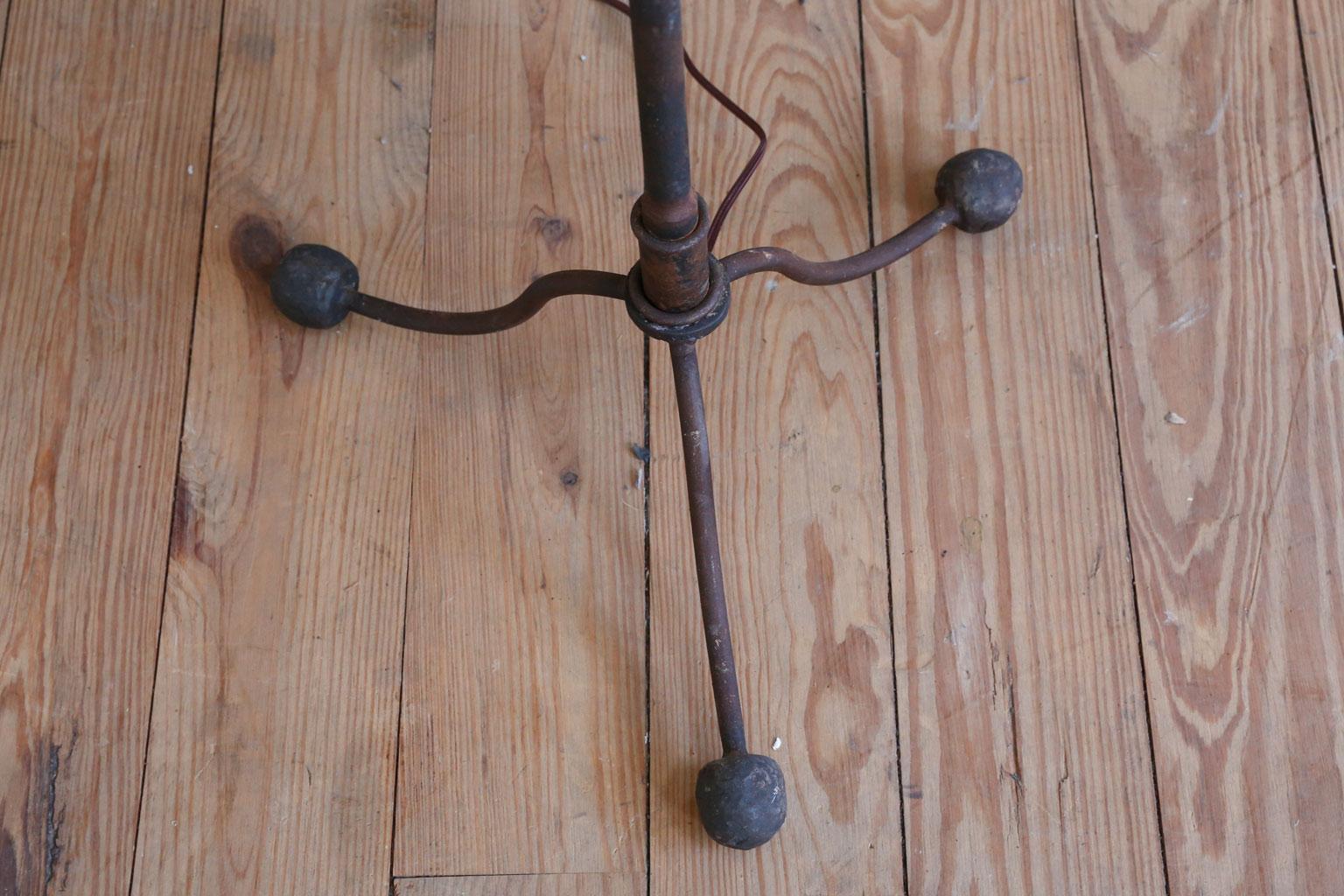 Forged Custom Made Iron Floor Lamp with Oak Shelf That Functions as as a Side Table For Sale