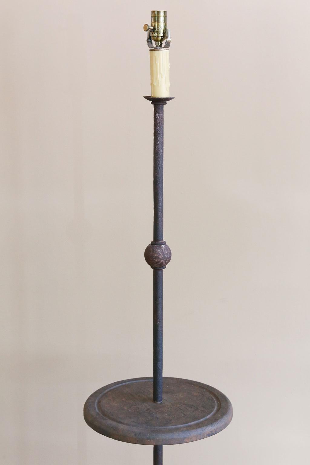 Custom Made Iron Floor Lamp with Oak Shelf That Functions as as a Side Table In Excellent Condition For Sale In Houston, TX