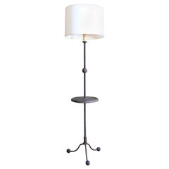 Custom Made Iron Floor Lamp with Oak Shelf That Functions as as a Side Table
