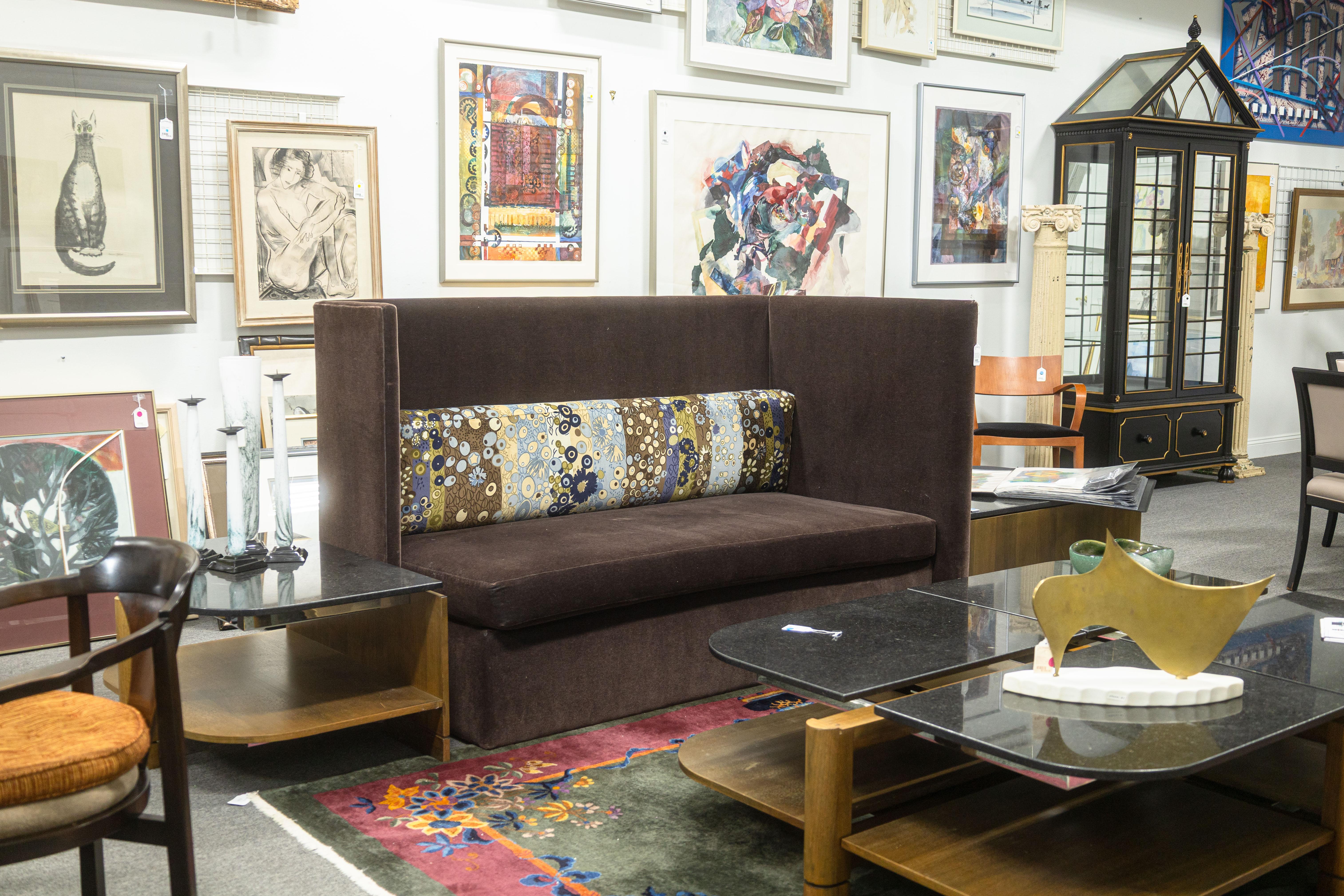 A John Saladino high back sofa. This is a gorgeous modern accent sofa. This piece is upholstered with a beautiful brown mohair fabric all over. The fabric is in really good condition, still soft and plush. Additionally, this sofa features a unique