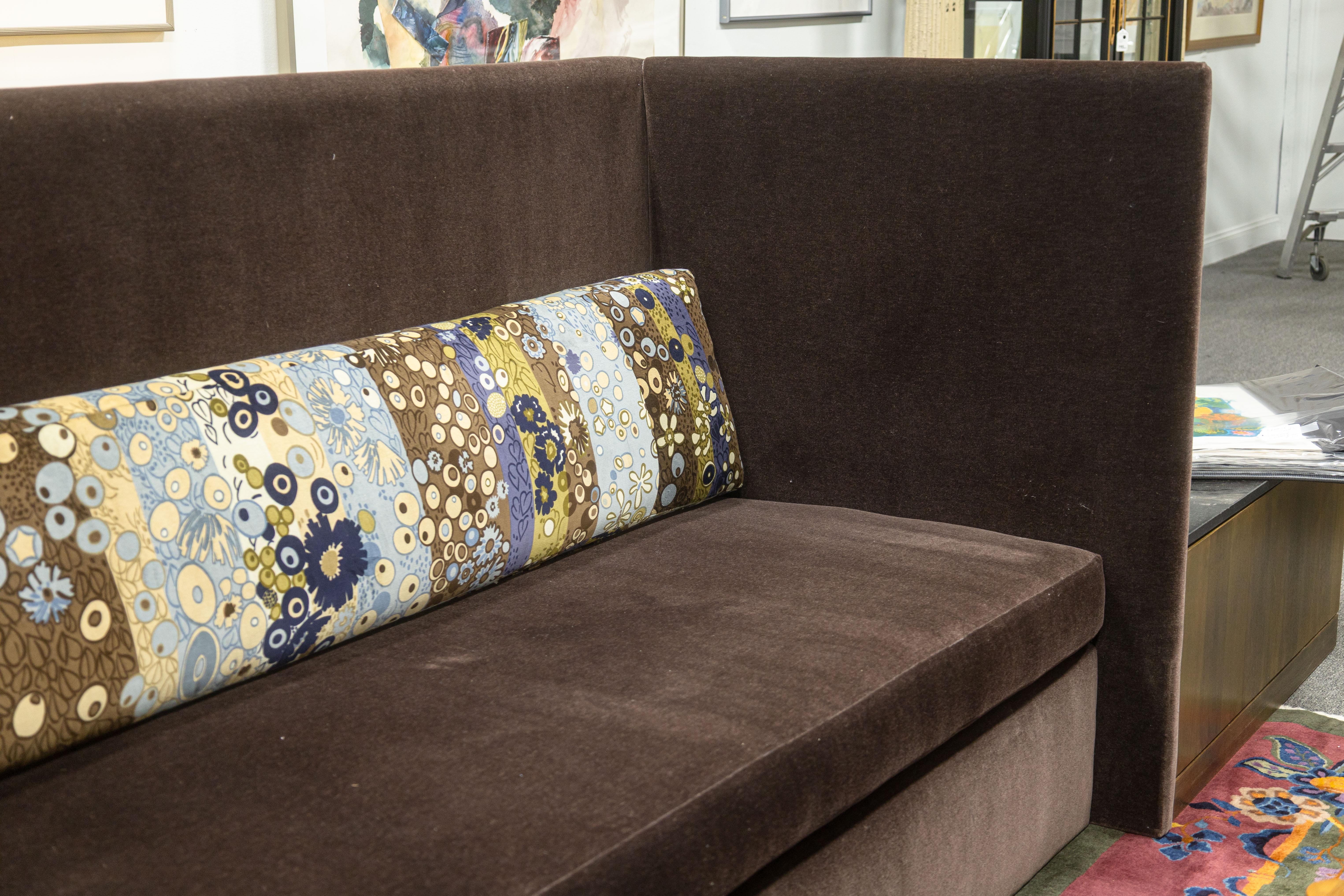 American Custom Made John Saladino Brown Mohair Sofa with Jack Lenor Larsen Fabric Pillo For Sale