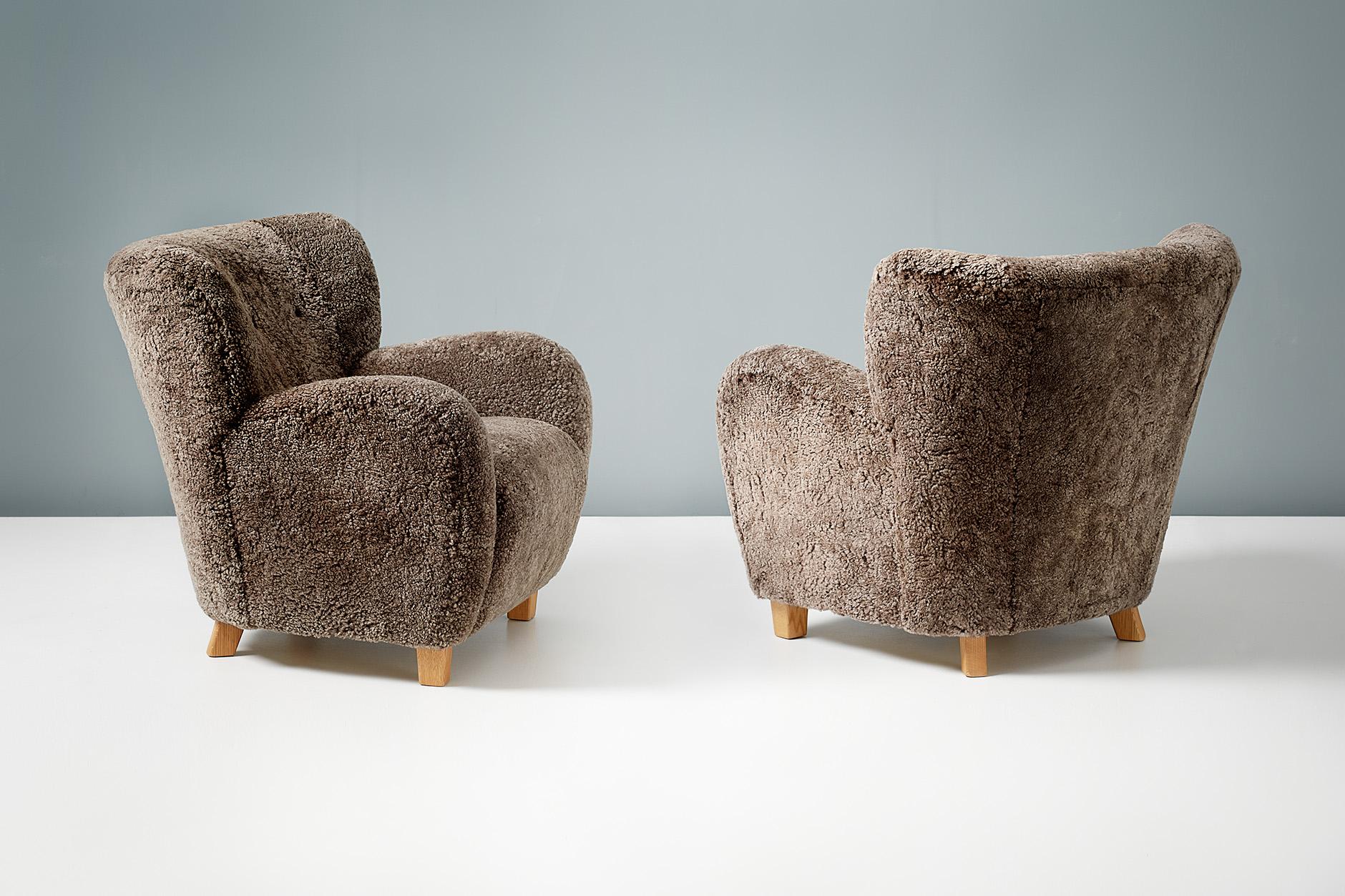 British Custom Made Karu Sheepskin Lounge Chairs and Ottoman for Rhea Breck 50% 
