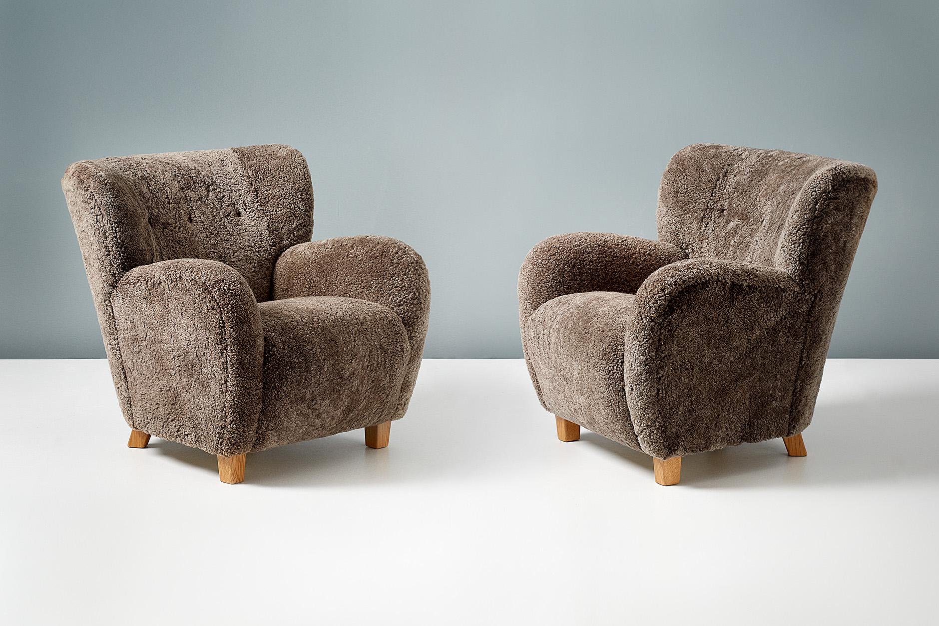 Contemporary Custom Made Karu Sheepskin Lounge Chairs and Ottoman for Rhea Breck 50% 