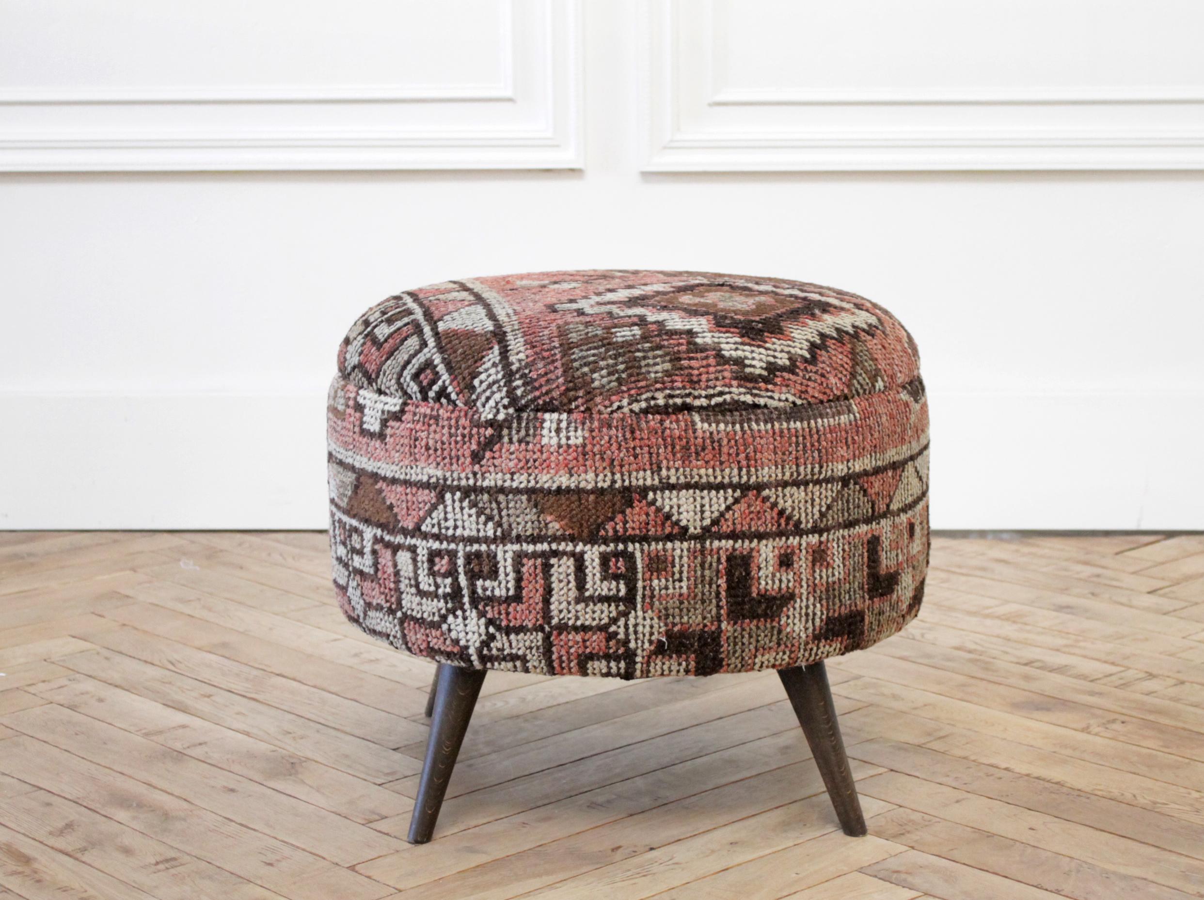 Custom Made Kilim Rug Round Ottoman In Good Condition In Old Town Orange, CA
