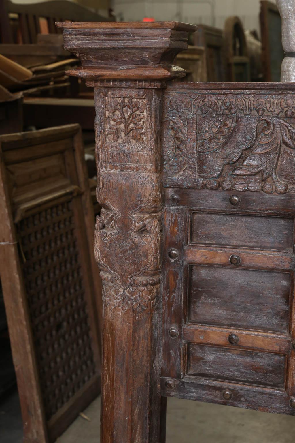 Contemporary Custom Made King Size Rustic Bed Using 19th Century Carved Architectural Doors For Sale