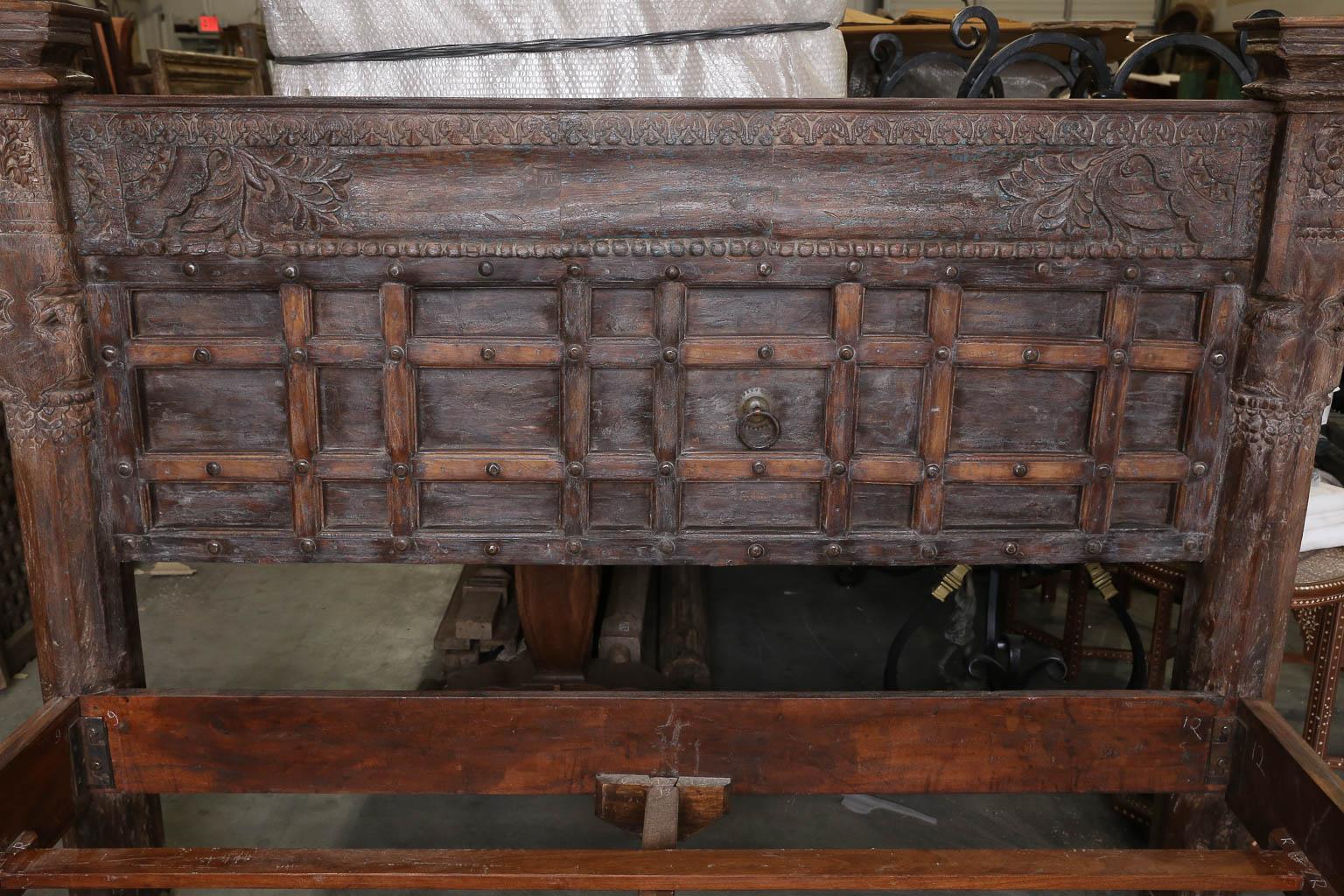 Teak Custom Made King Size Rustic Bed Using 19th Century Carved Architectural Doors For Sale