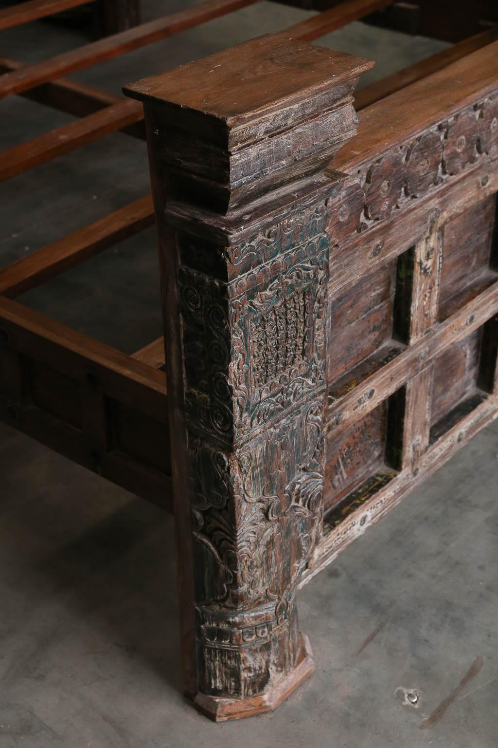 Custom Made King Size Rustic Bed Using 19th Century Carved Architectural Doors For Sale 2