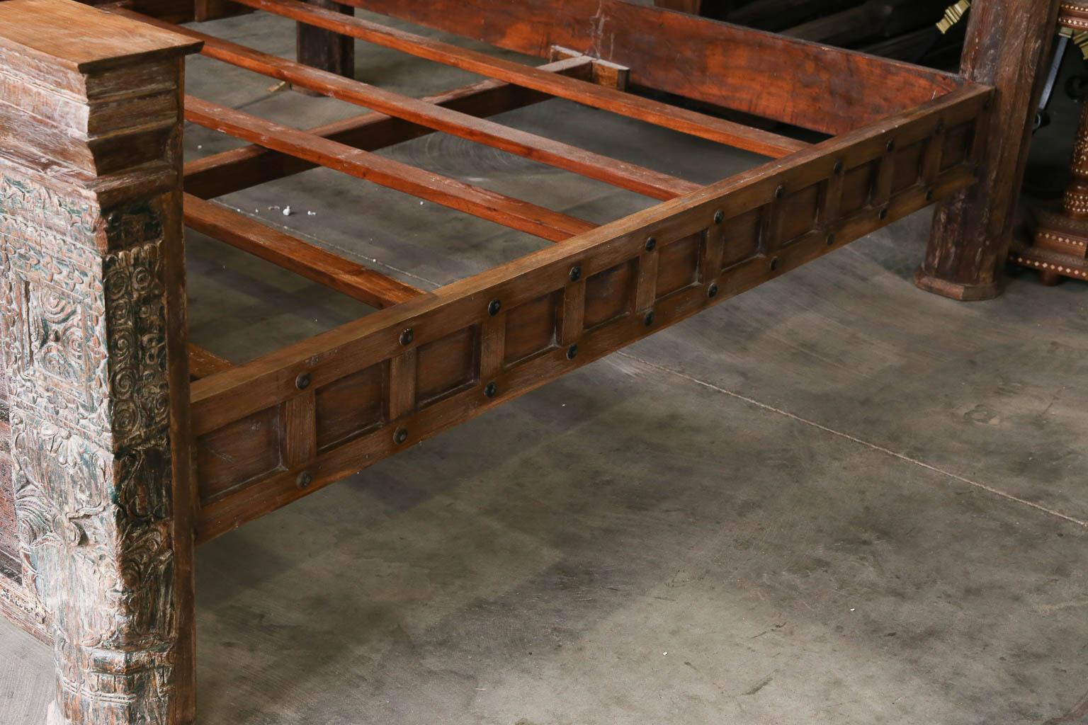 Custom Made King Size Rustic Bed Using 19th Century Carved Architectural Doors For Sale 3