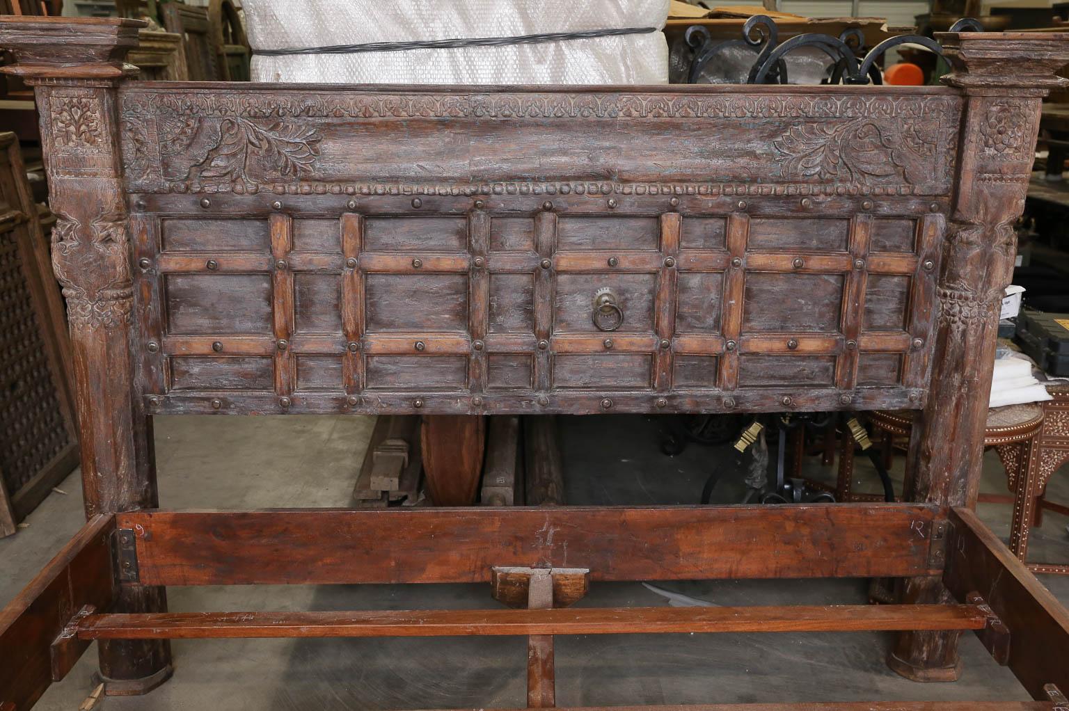 Indian Custom Made King Size Rustic Bed Using 19th Century Carved Architectural Doors For Sale