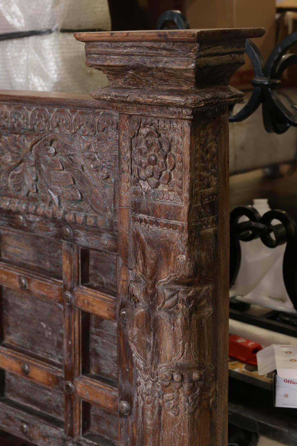 Hand-Crafted Custom Made King Size Rustic Bed Using 19th Century Carved Architectural Doors For Sale
