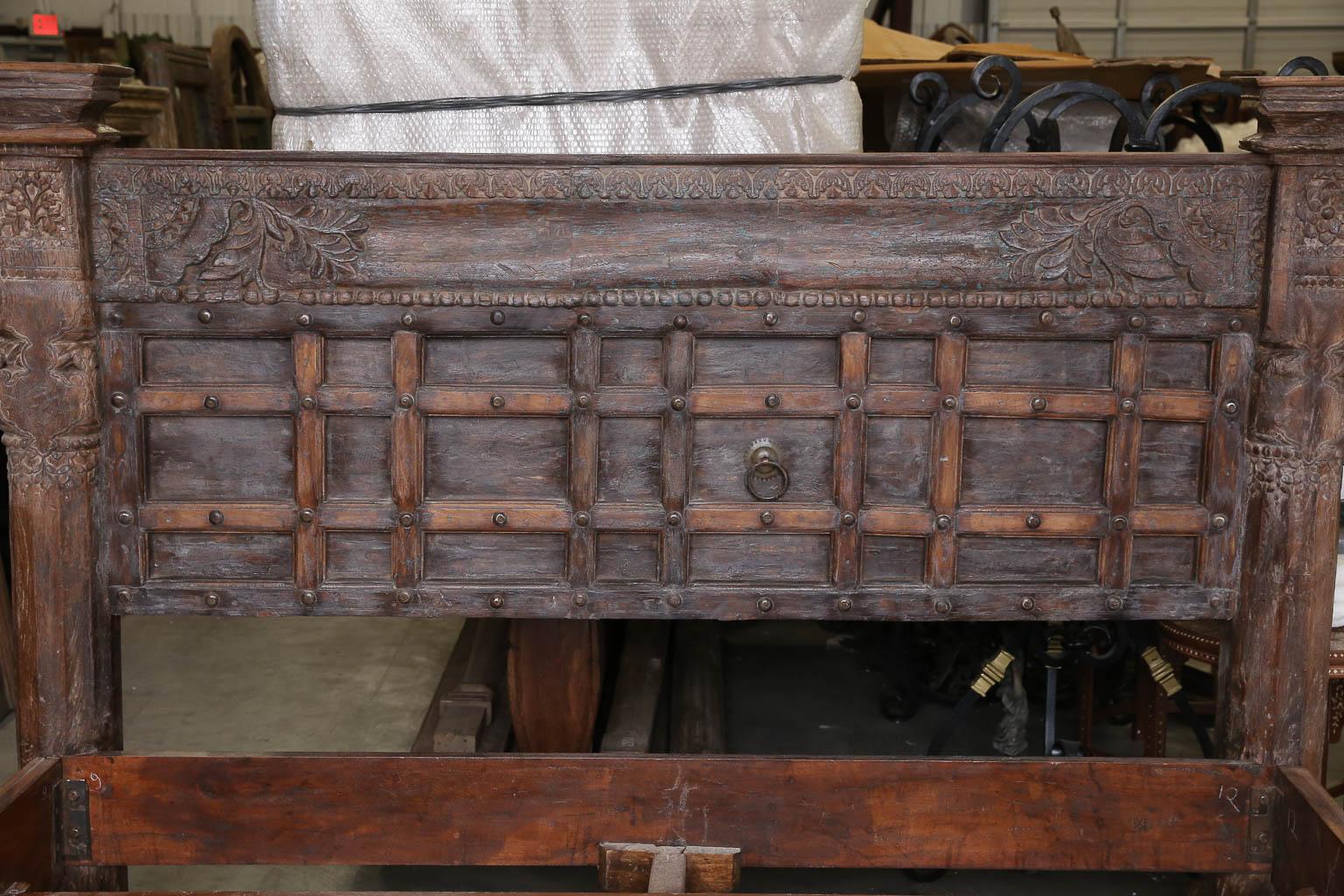 Custom Made King Size Rustic Bed Using 19th Century Carved Architectural Doors In Good Condition For Sale In Houston, TX