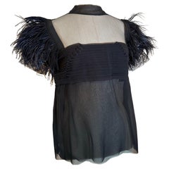 Custom Made Knife-Pleated Black Silk Chiffon
Tulle Blouse w Feather Sleeves