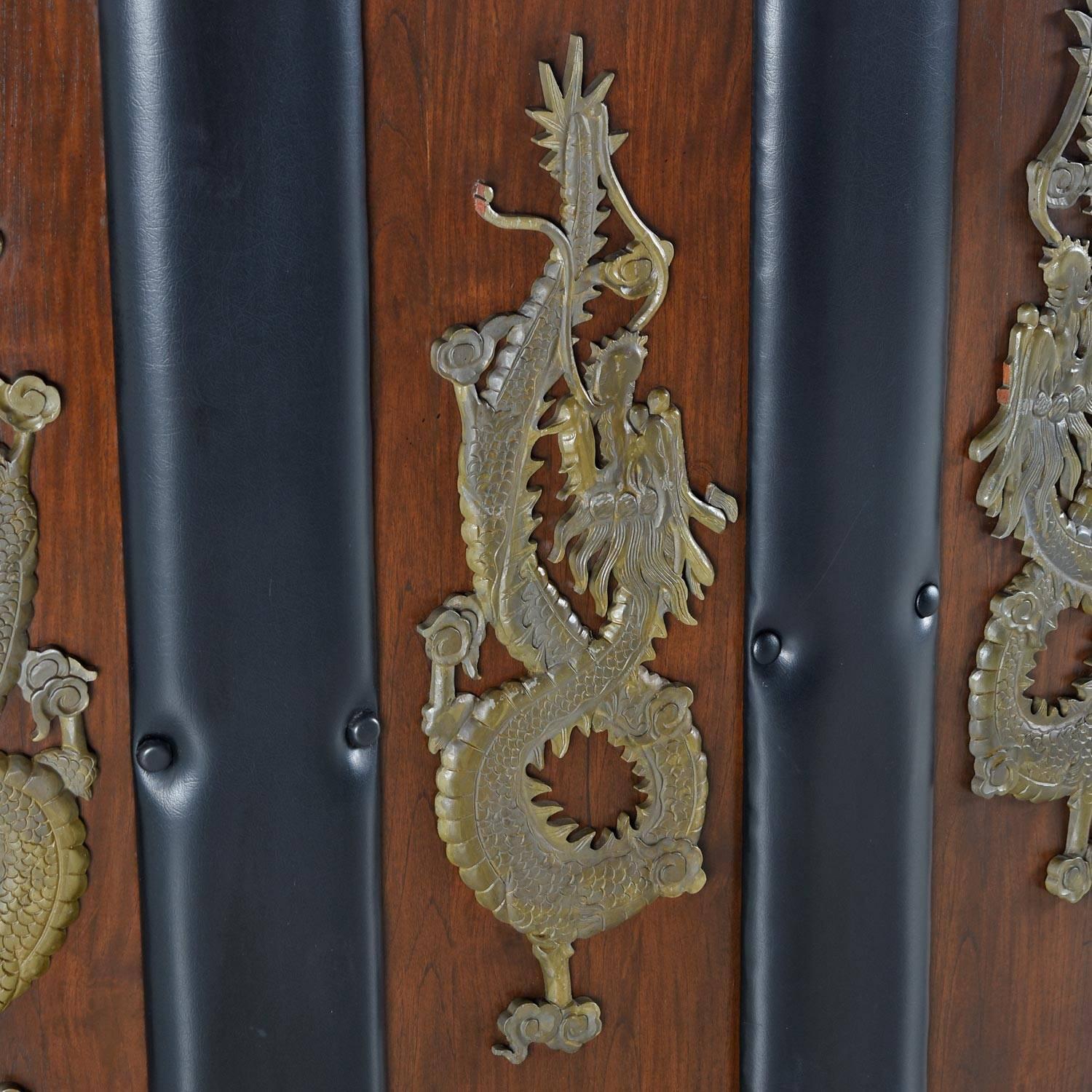 Custom-Made Large Asian Modern Black Tufted Vinyl Bar with Carved Wood Dragons In Excellent Condition In Chattanooga, TN