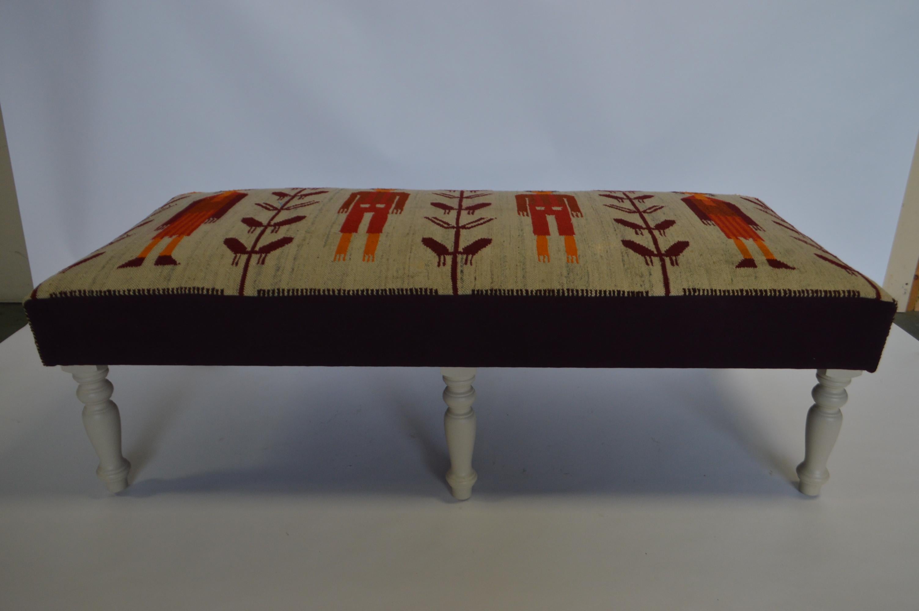 Kilim Custom Made Large Bench Upholstered with a Vintage Turkish Rug For Sale
