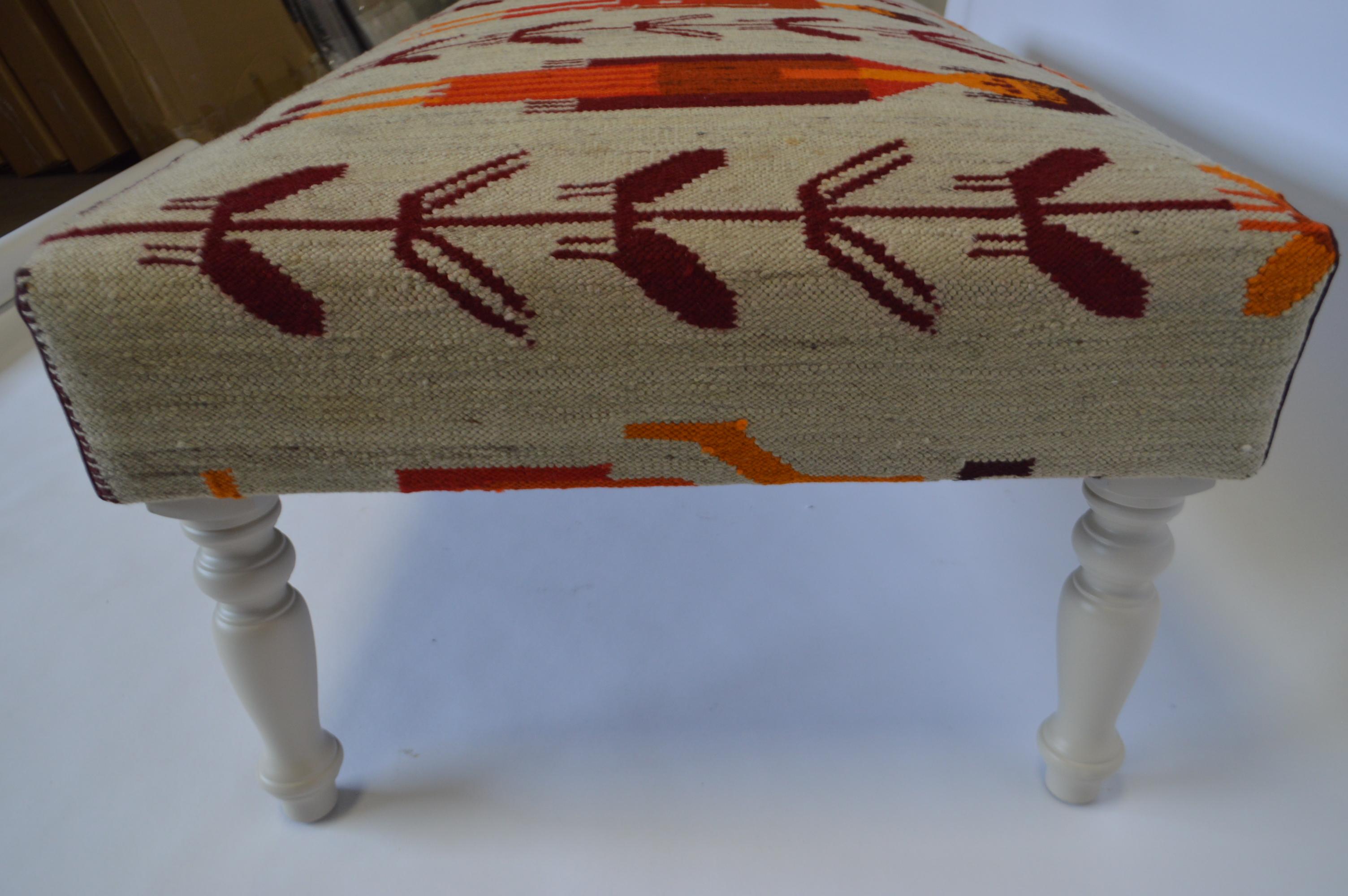 Hand-Crafted Custom Made Large Bench Upholstered with a Vintage Turkish Rug For Sale