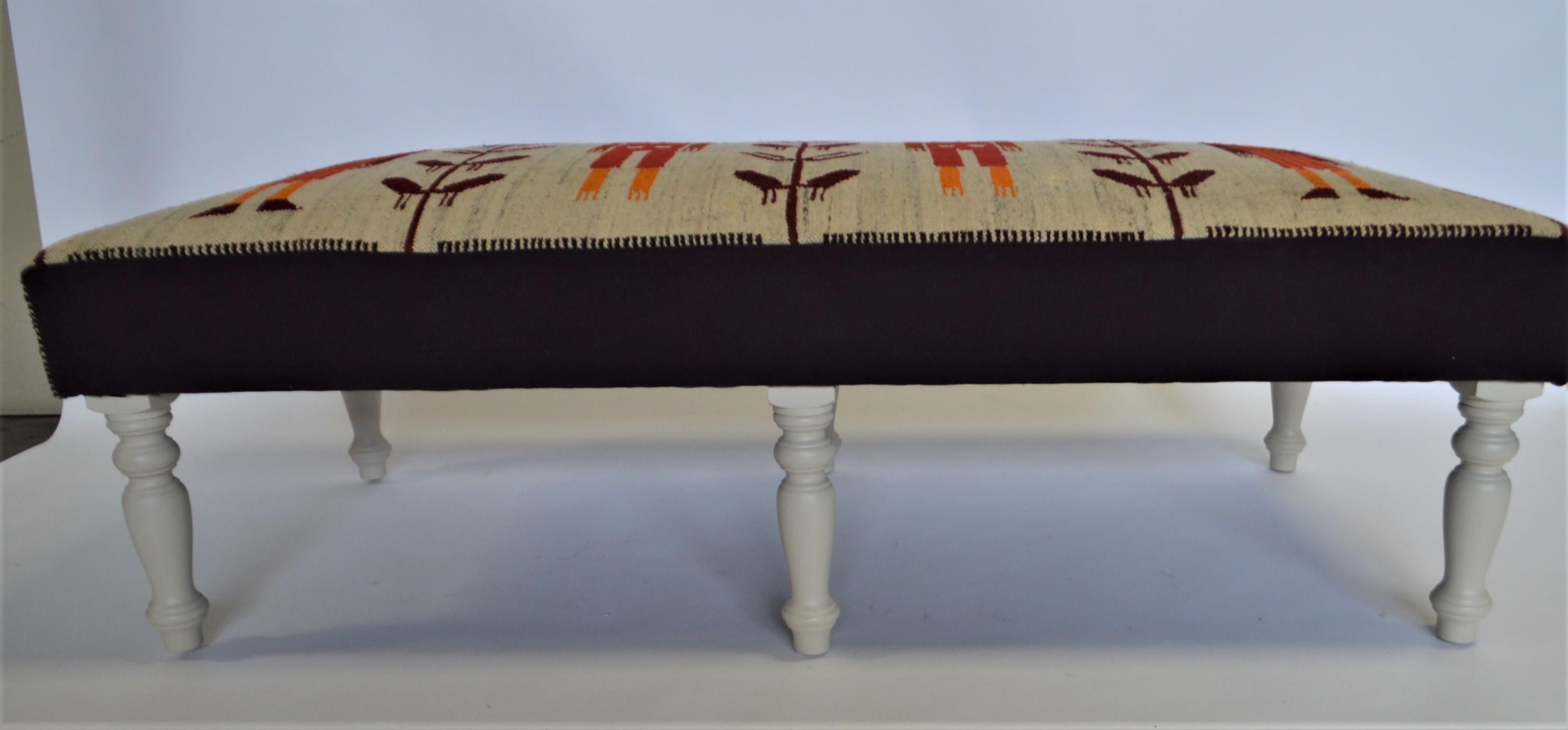 Contemporary Custom Made Large Bench Upholstered with a Vintage Turkish Rug For Sale
