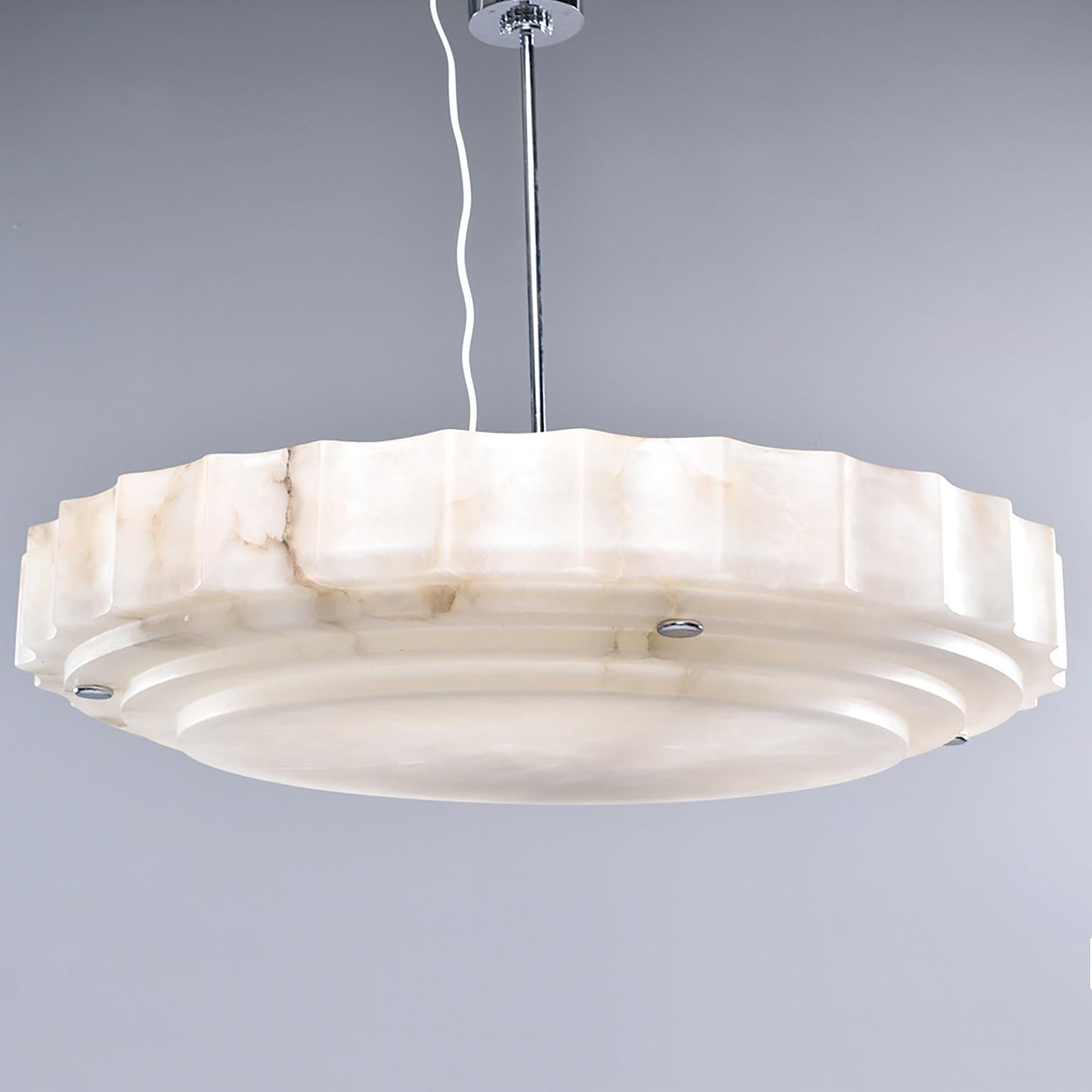 Custom made in Italy, this extra large shallow bowl-form fixture features chrome hardware, Art Deco inspired stepped detail on the bowl and fluted edges. Creamy alabaster has brown veining. Four standard sized internal sockets are wired for US