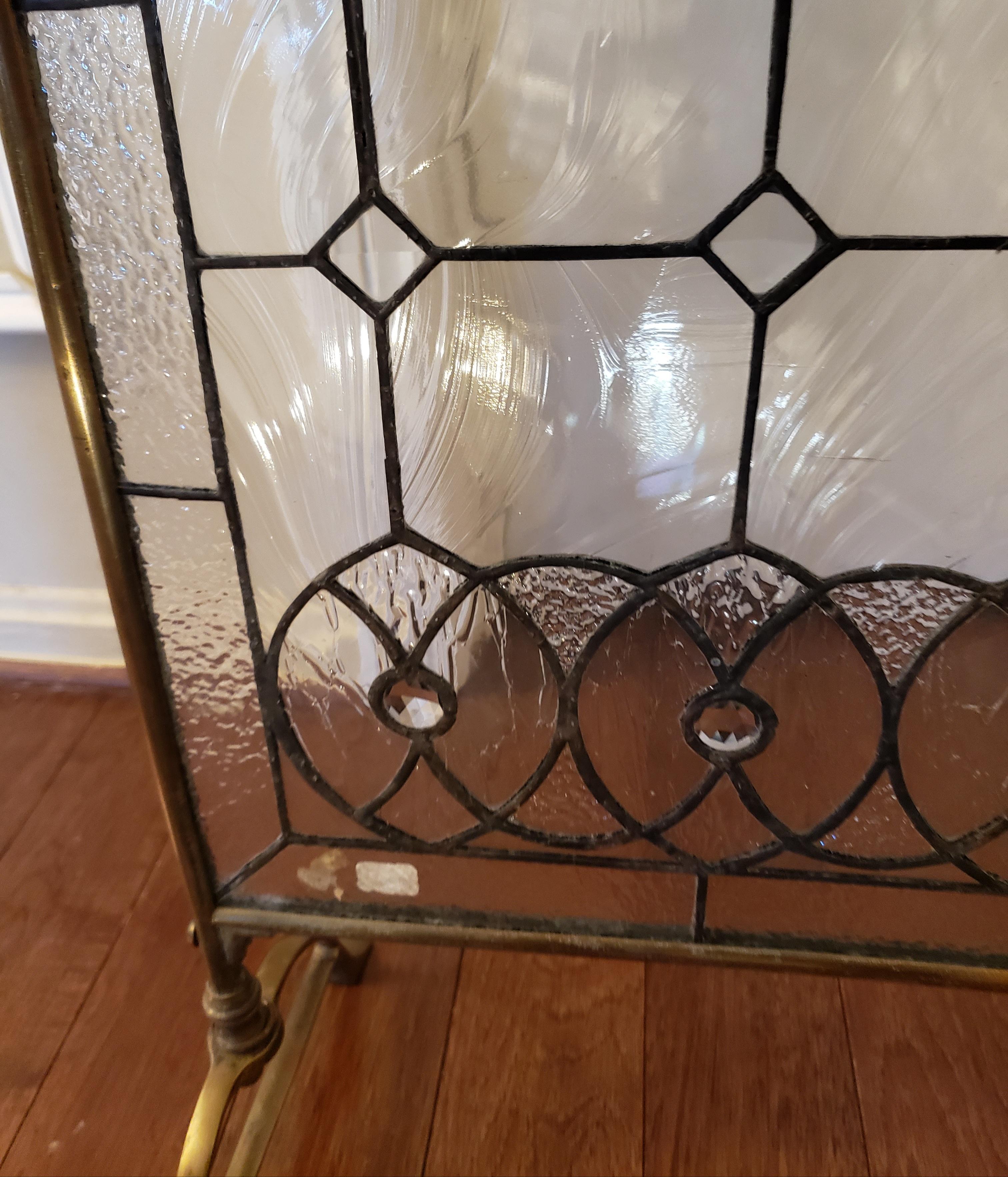 Custom Made Leaded Stained Glass Fire Place Screen with Brass Frame, Circa 1890 In Good Condition In Germantown, MD