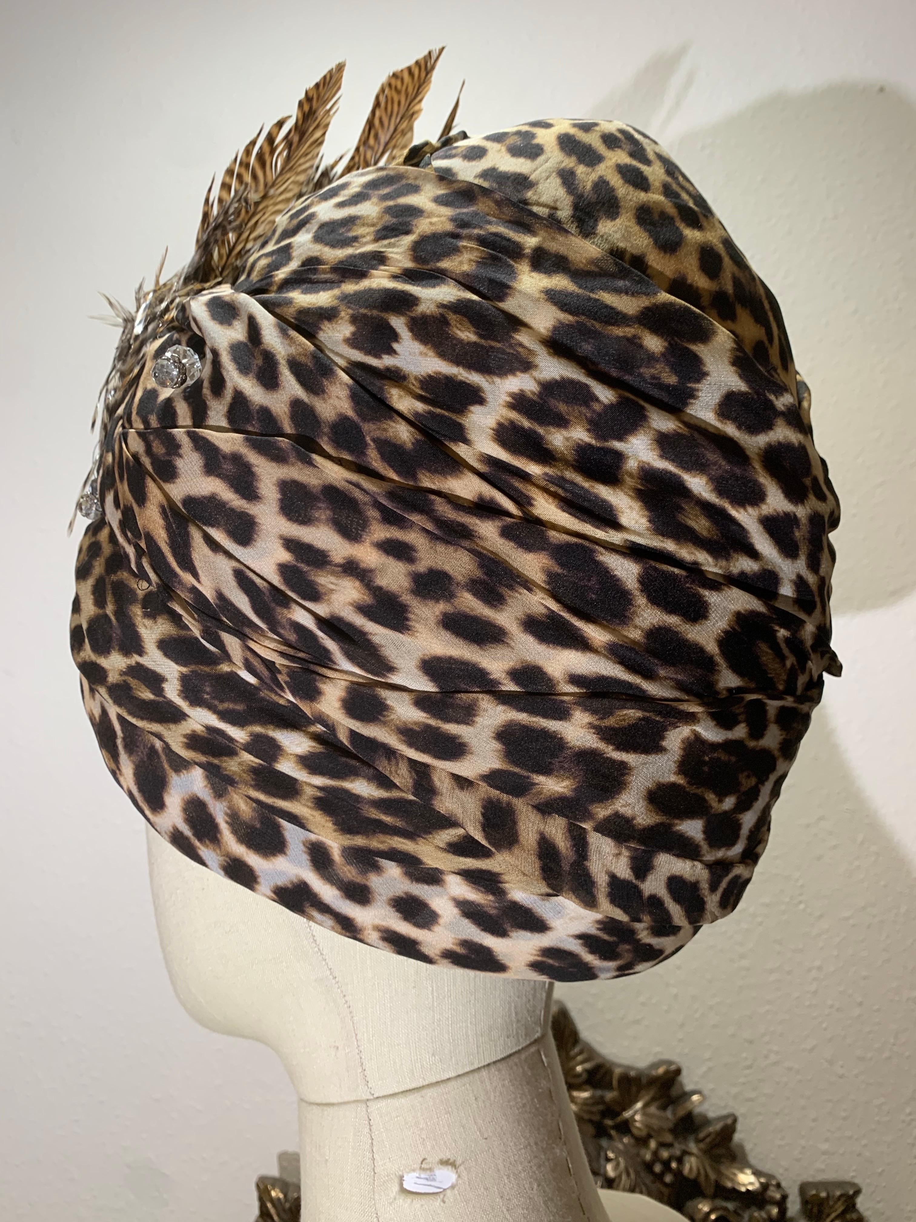 da uomo o donna Turbante su misura in chiffon di seta leopardato con fiore e piume in tessuto abbinato in vendita
