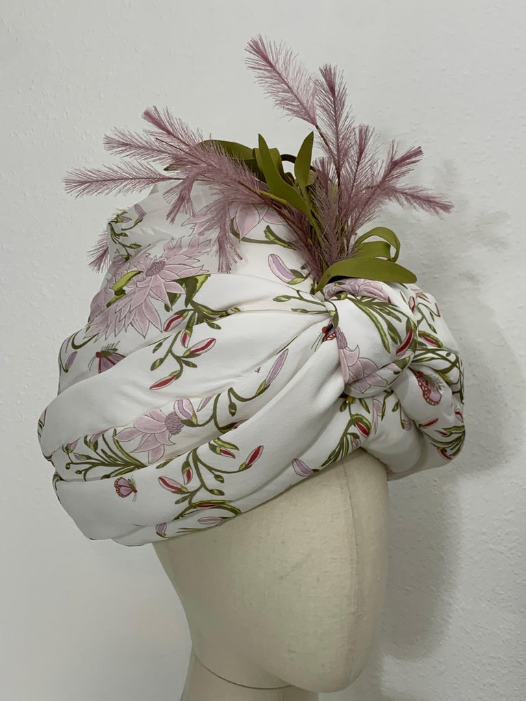 Custom Made Lily Print Silk Chiffon Turban w Feather Bouquet  display picture 1