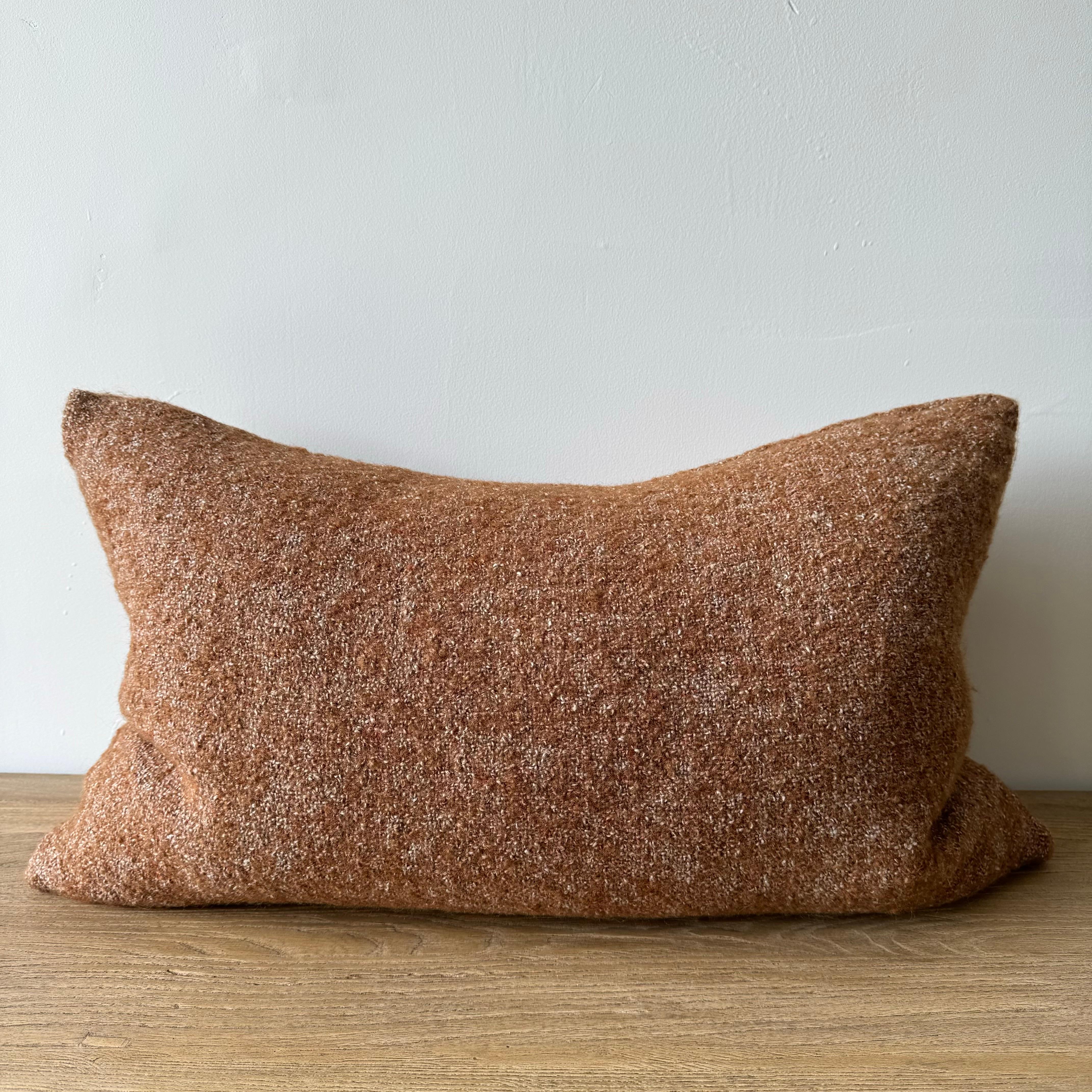 Rusty /Terracotta /Brown and Oatmeal Wool Accent Pillow
Rusty brown and natural flax oatmeal woven fibers in a stonewash finish create this luxurious soft pillow. Sewn with an antique brass zipper closure and overlocked edges. We offer custom sizes,