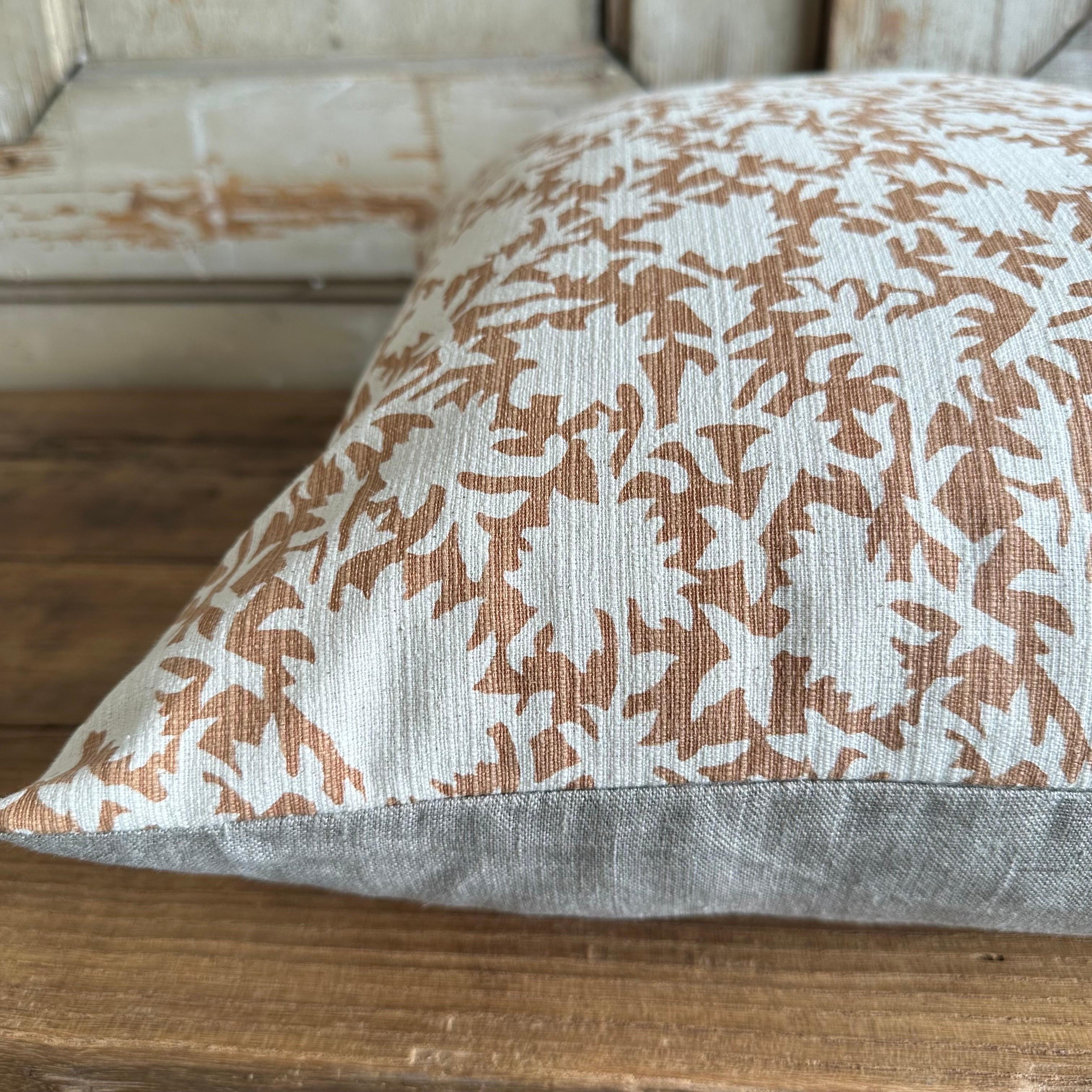 Contemporary Custom Made Linen Block Printed Pillow with Down Insert For Sale