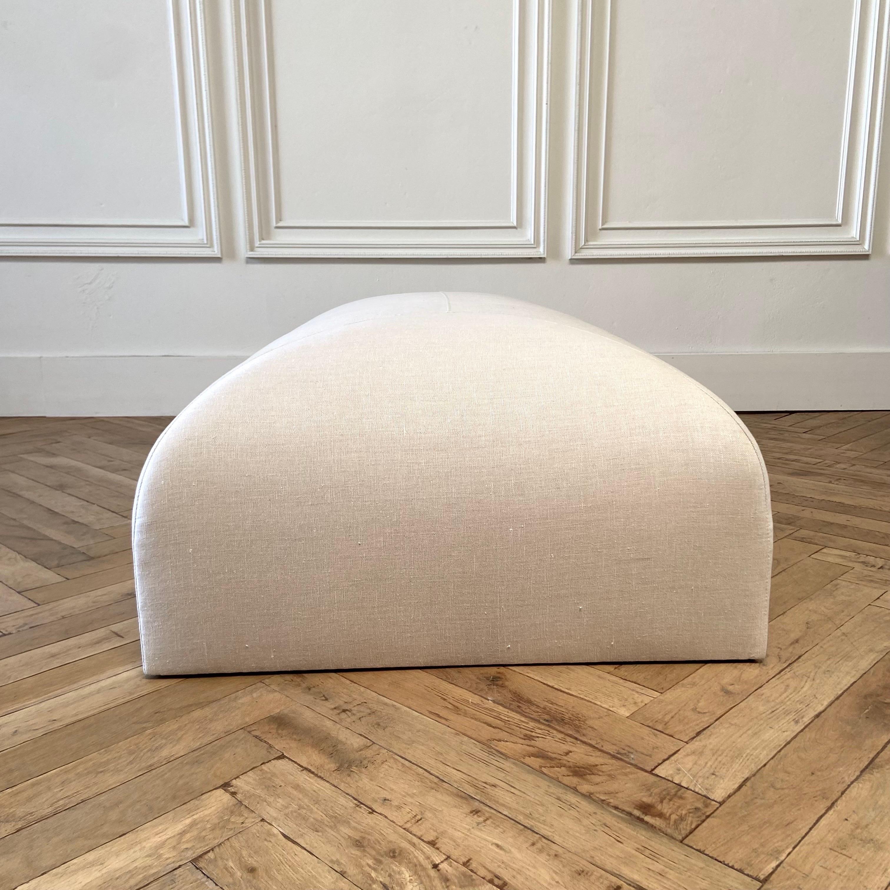 Custom Made Linen Ottoman with Rounded Corners For Sale 5