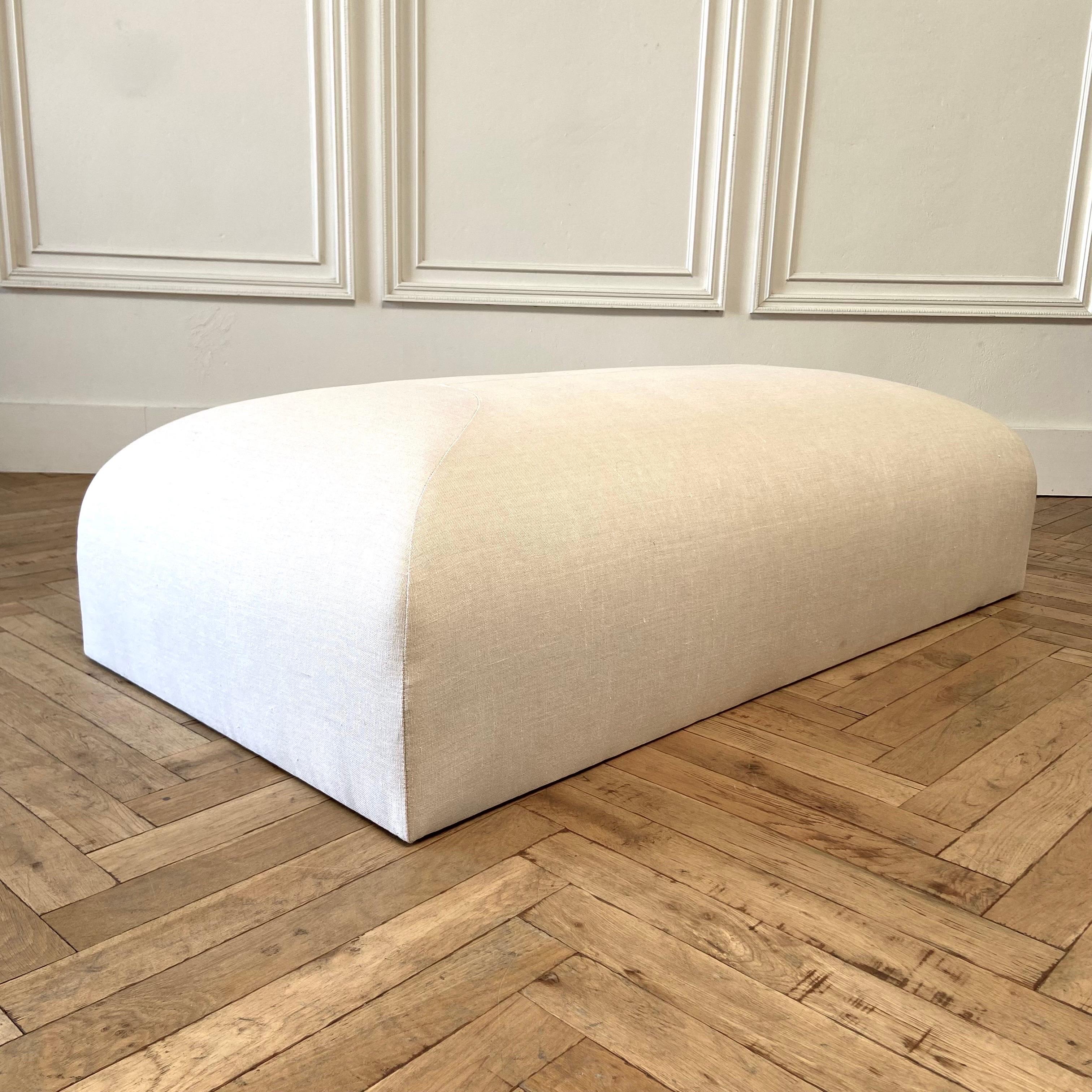Custom Made Linen Ottoman with Rounded Corners For Sale 6