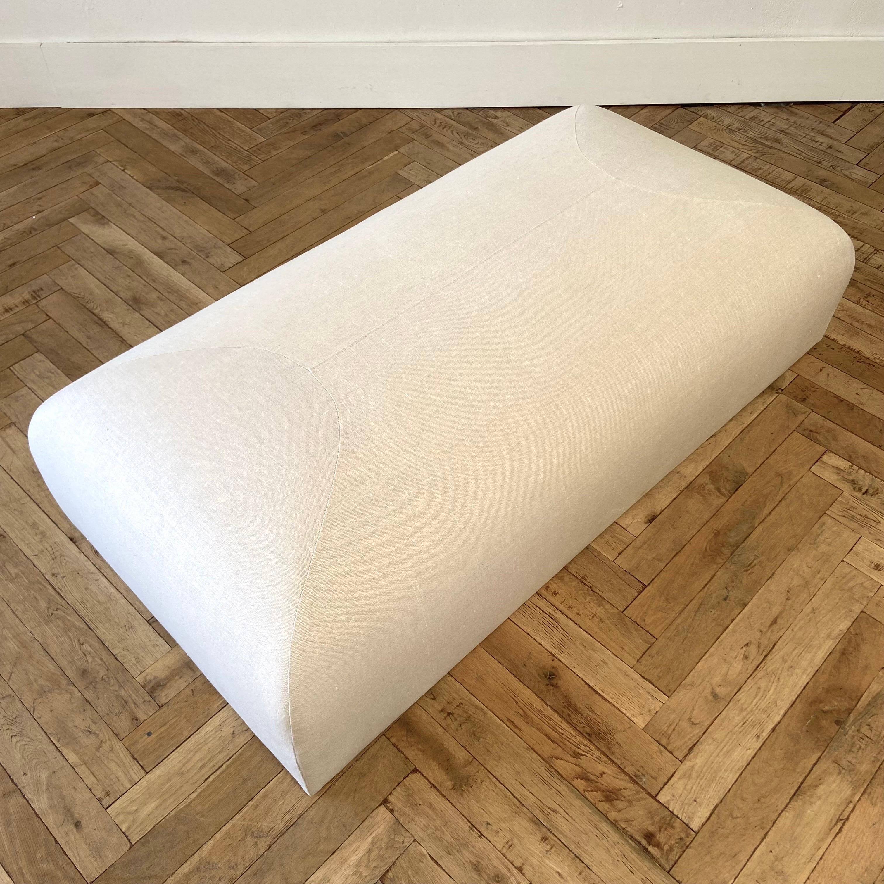 Custom Made Linen Ottoman with Rounded Corners For Sale 7