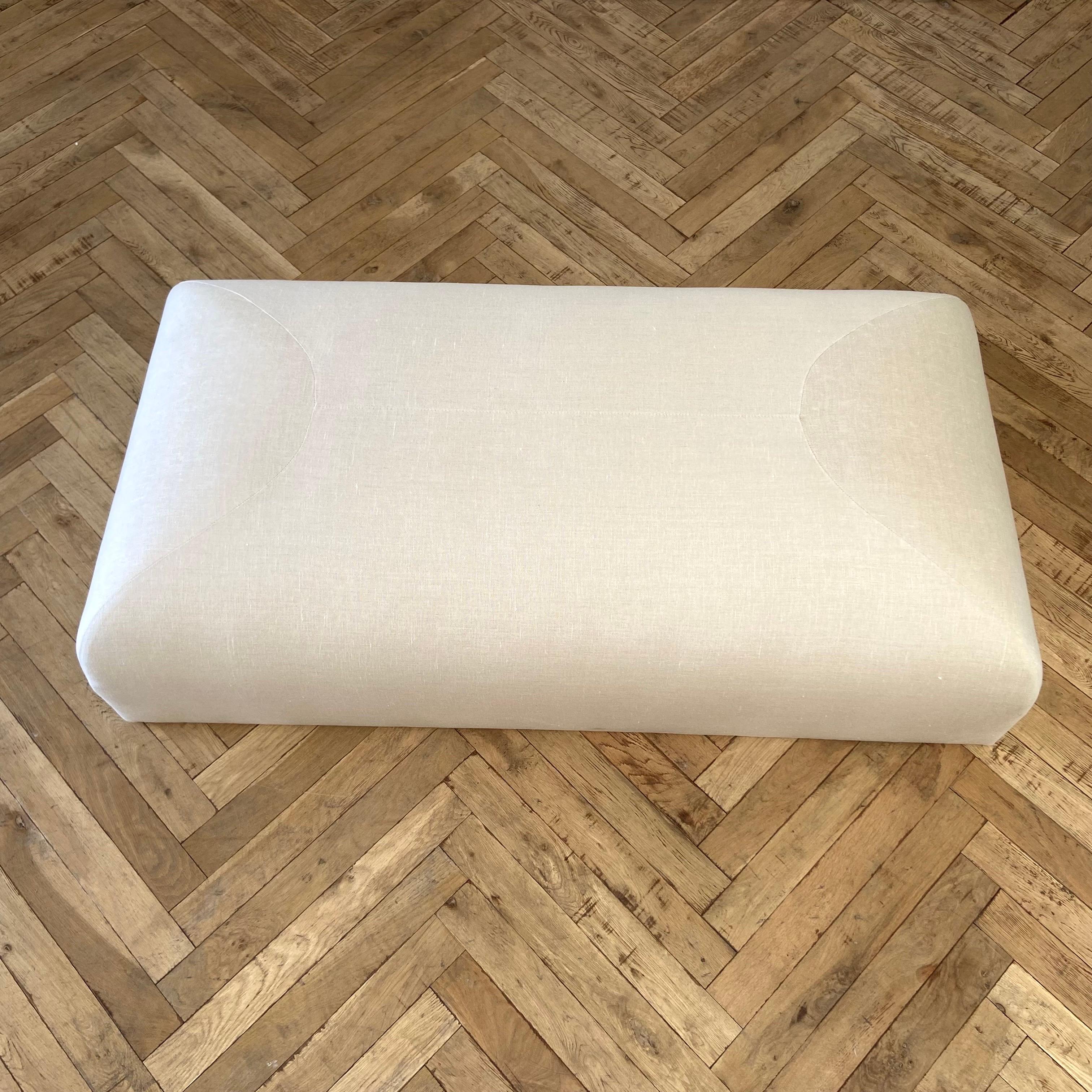 Custom Made Linen Ottoman with Rounded Corners For Sale 9