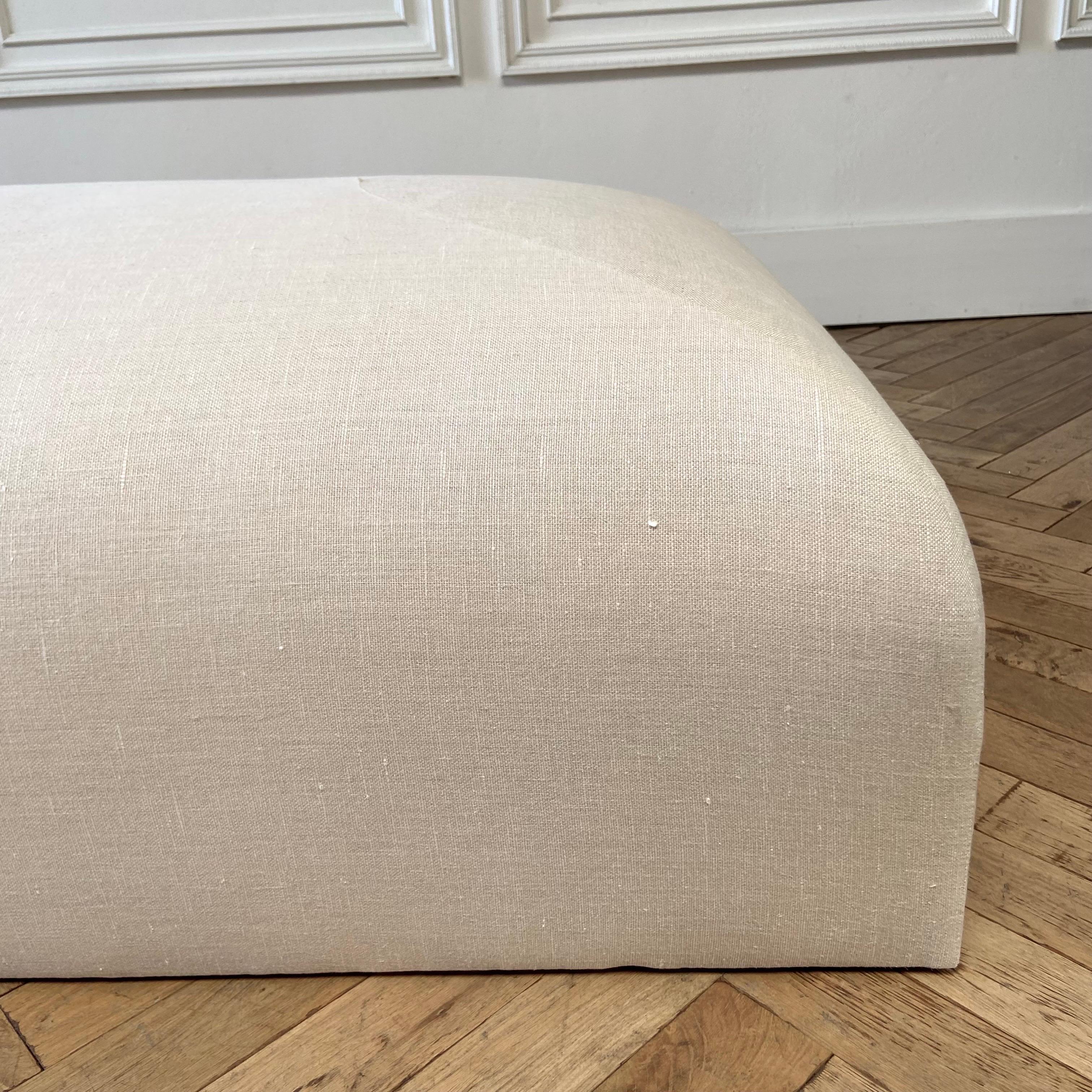 Custom Made Linen Ottoman with Rounded Corners For Sale 10