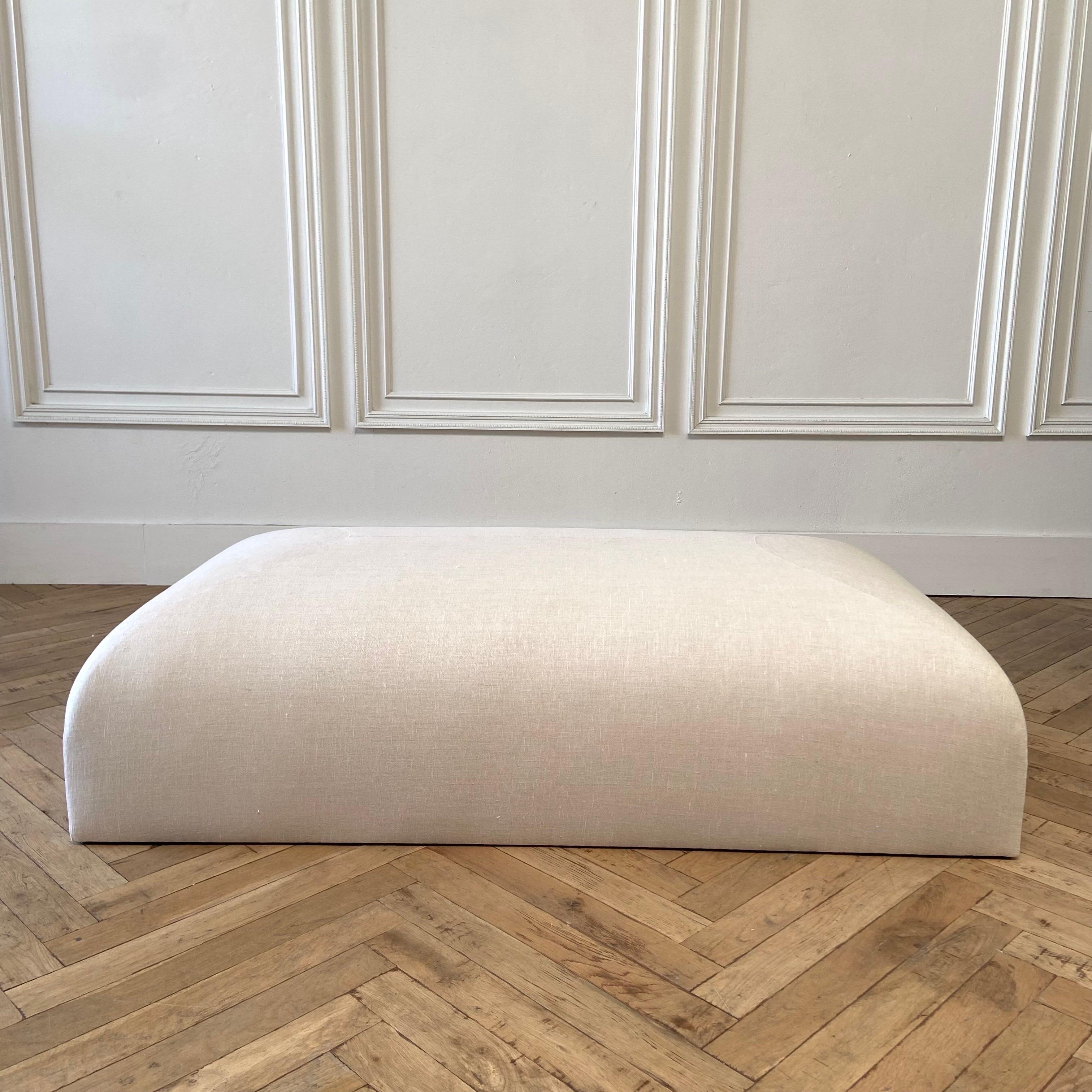Custom Made Linen Ottoman with Rounded Corners For Sale 11