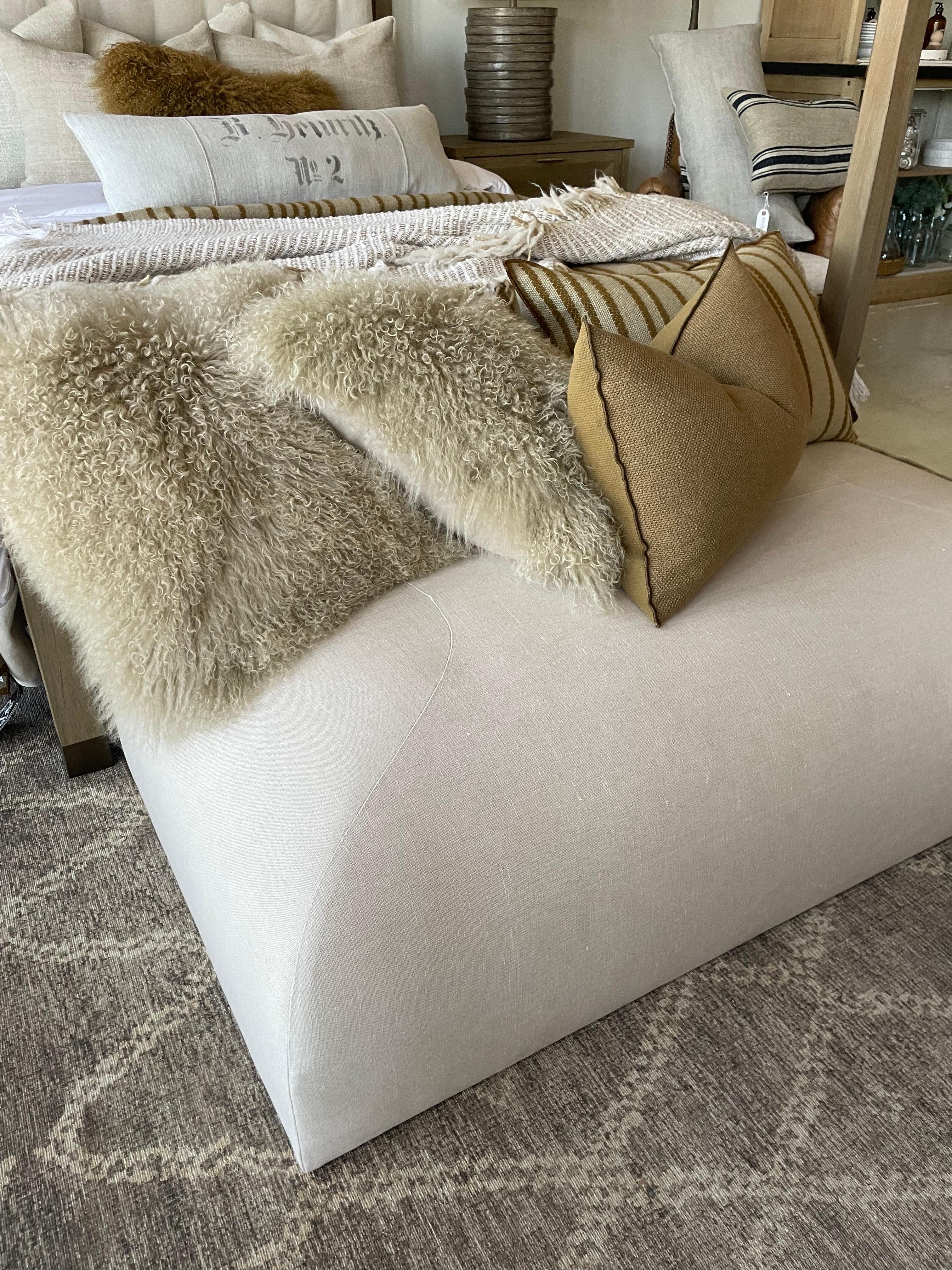 Contemporary Custom Made Linen Ottoman with Rounded Corners For Sale