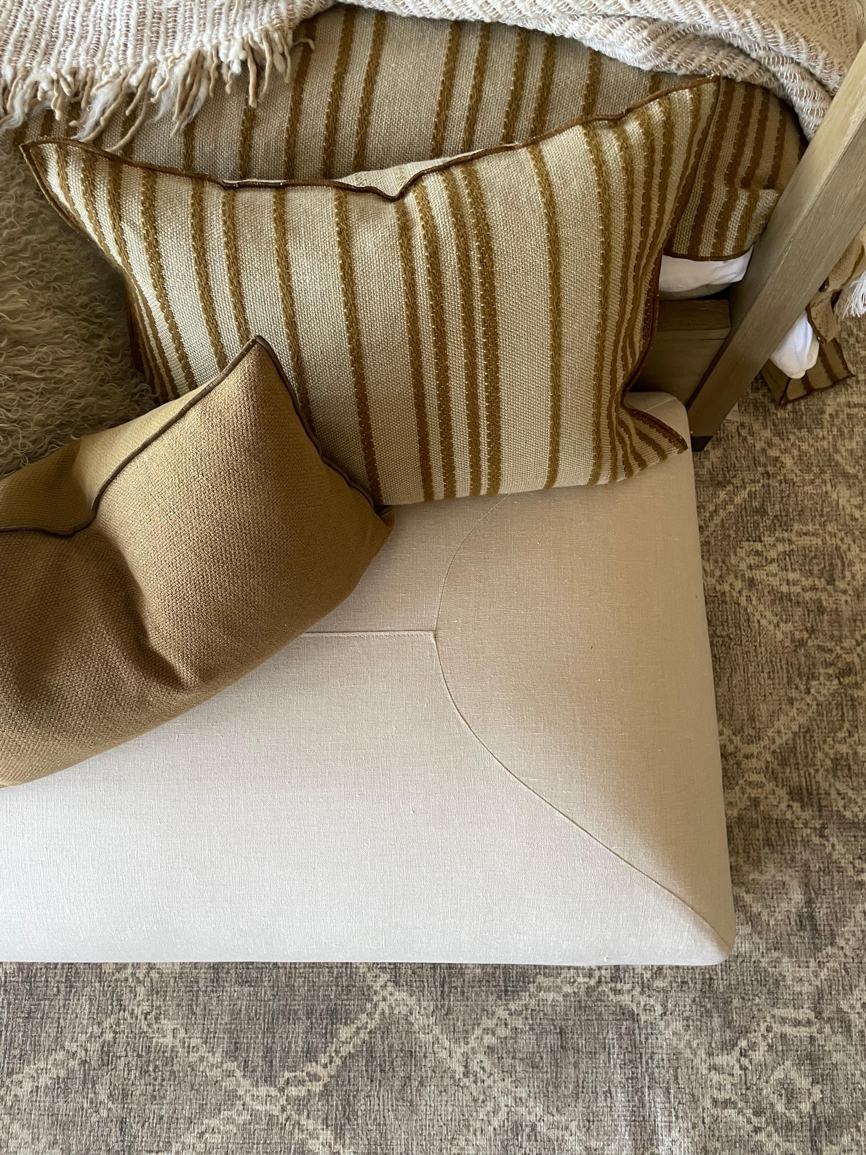 Custom Made Linen Ottoman with Rounded Corners For Sale 1