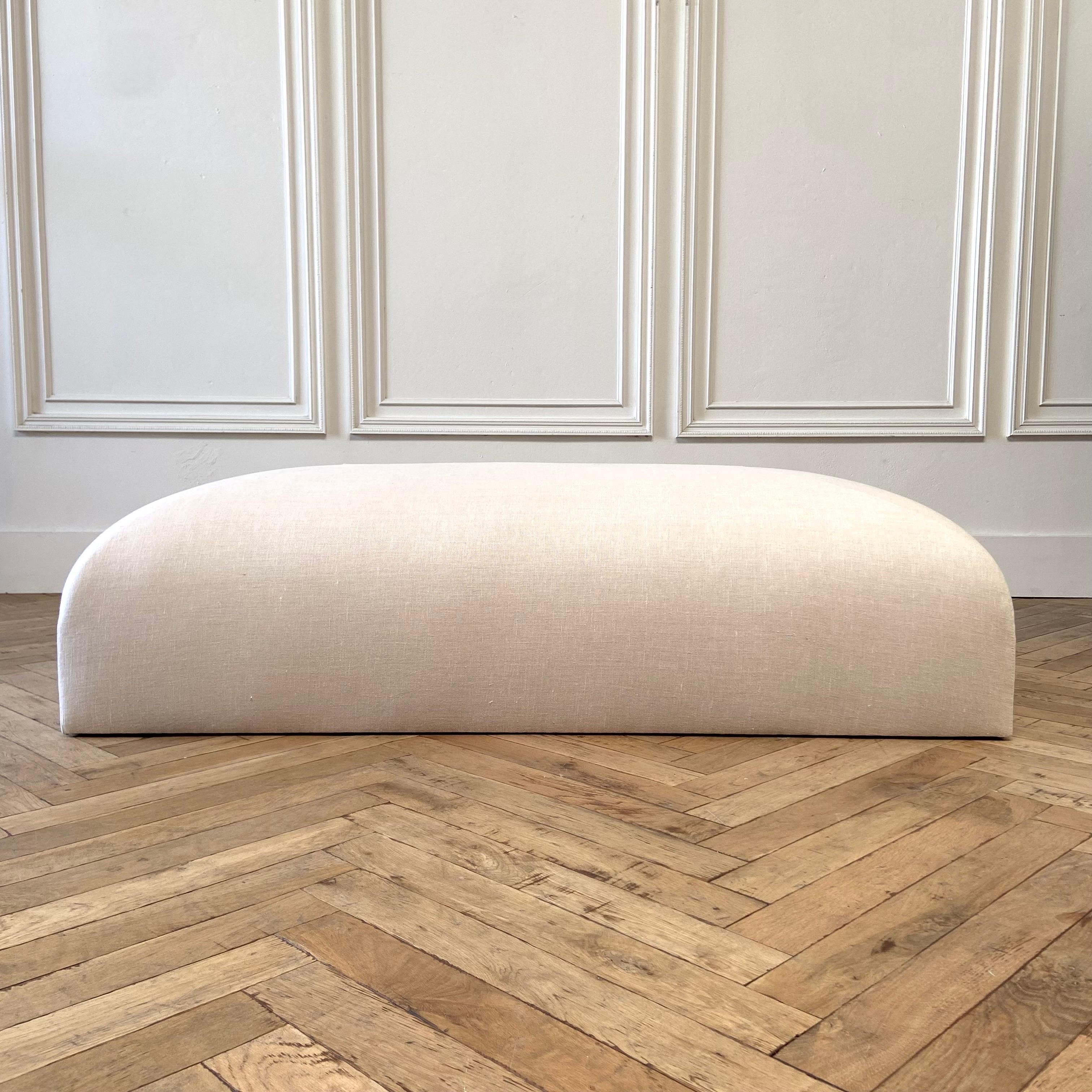 Custom Made Linen Ottoman with Rounded Corners For Sale 2