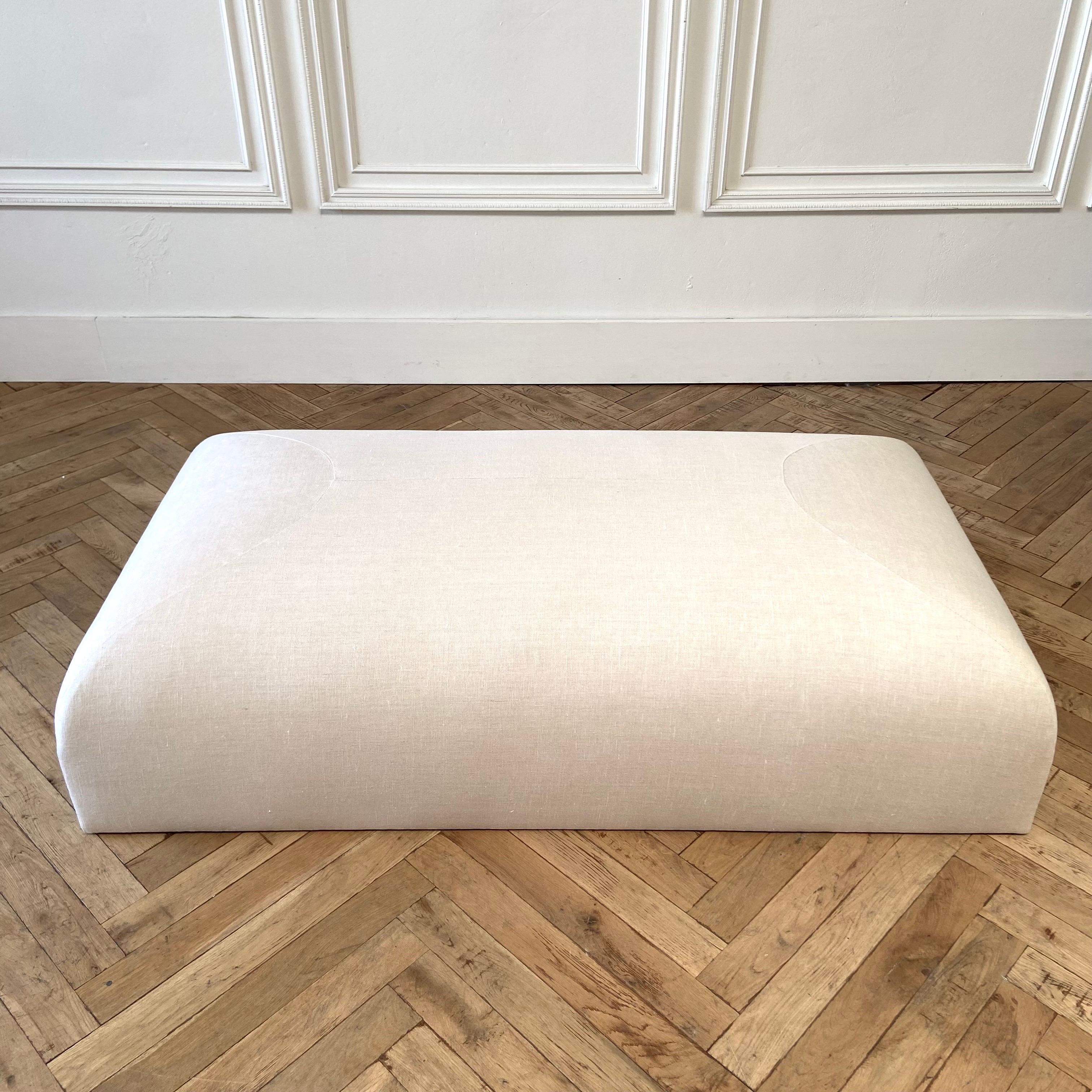 Custom Made Linen Ottoman with Rounded Corners For Sale 3