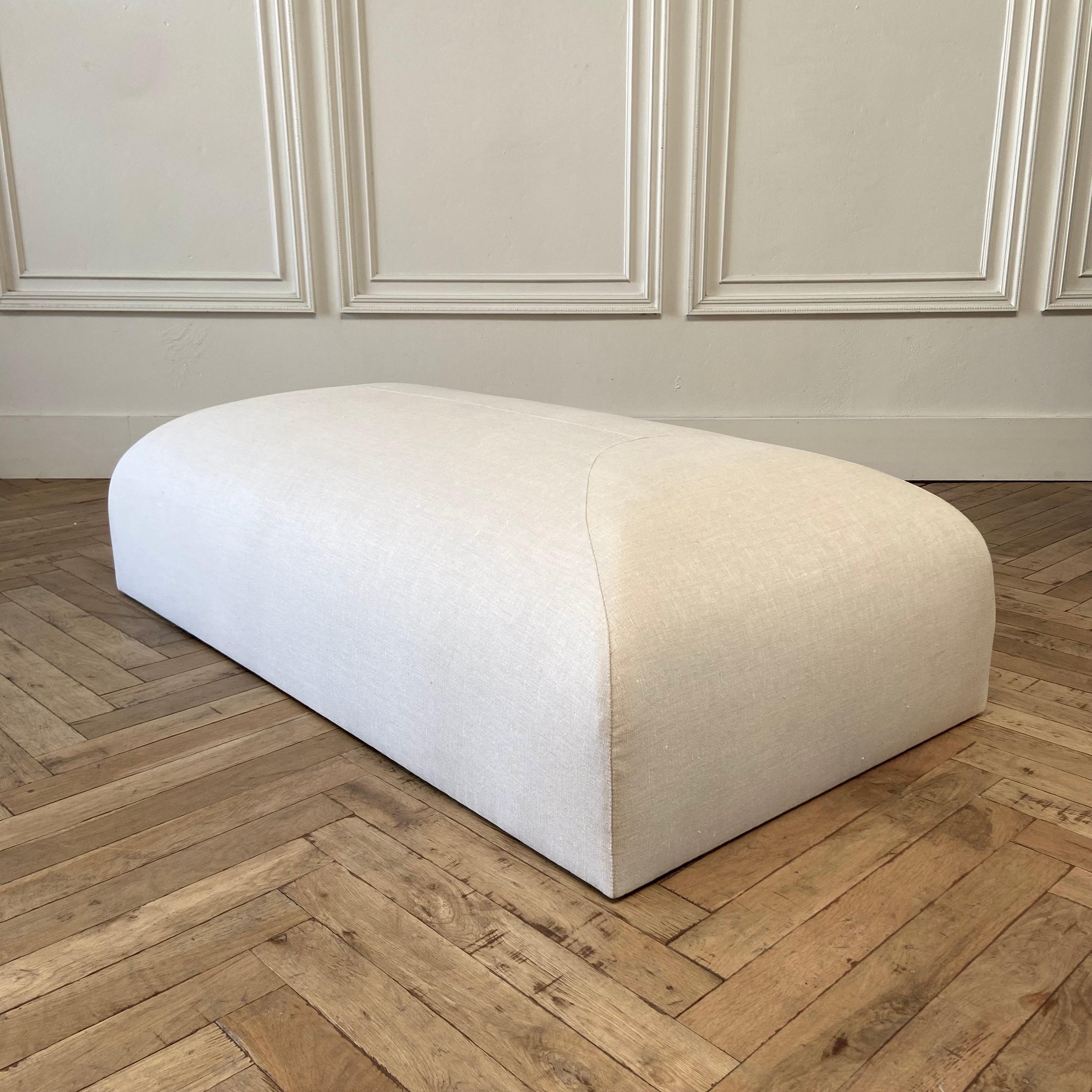 Custom Made Linen Ottoman with Rounded Corners For Sale 4