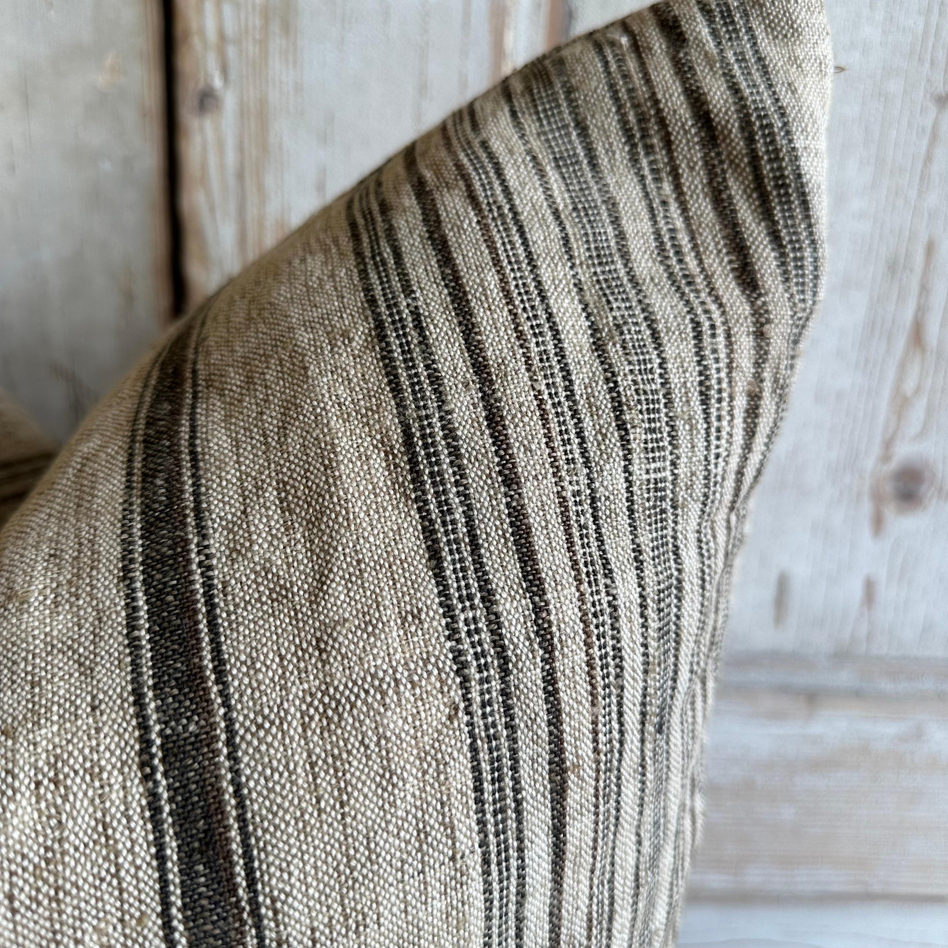 Custom Made Linen Stripe Pillows in Oatmeal with Chocolate Stripes In New Condition For Sale In Brea, CA