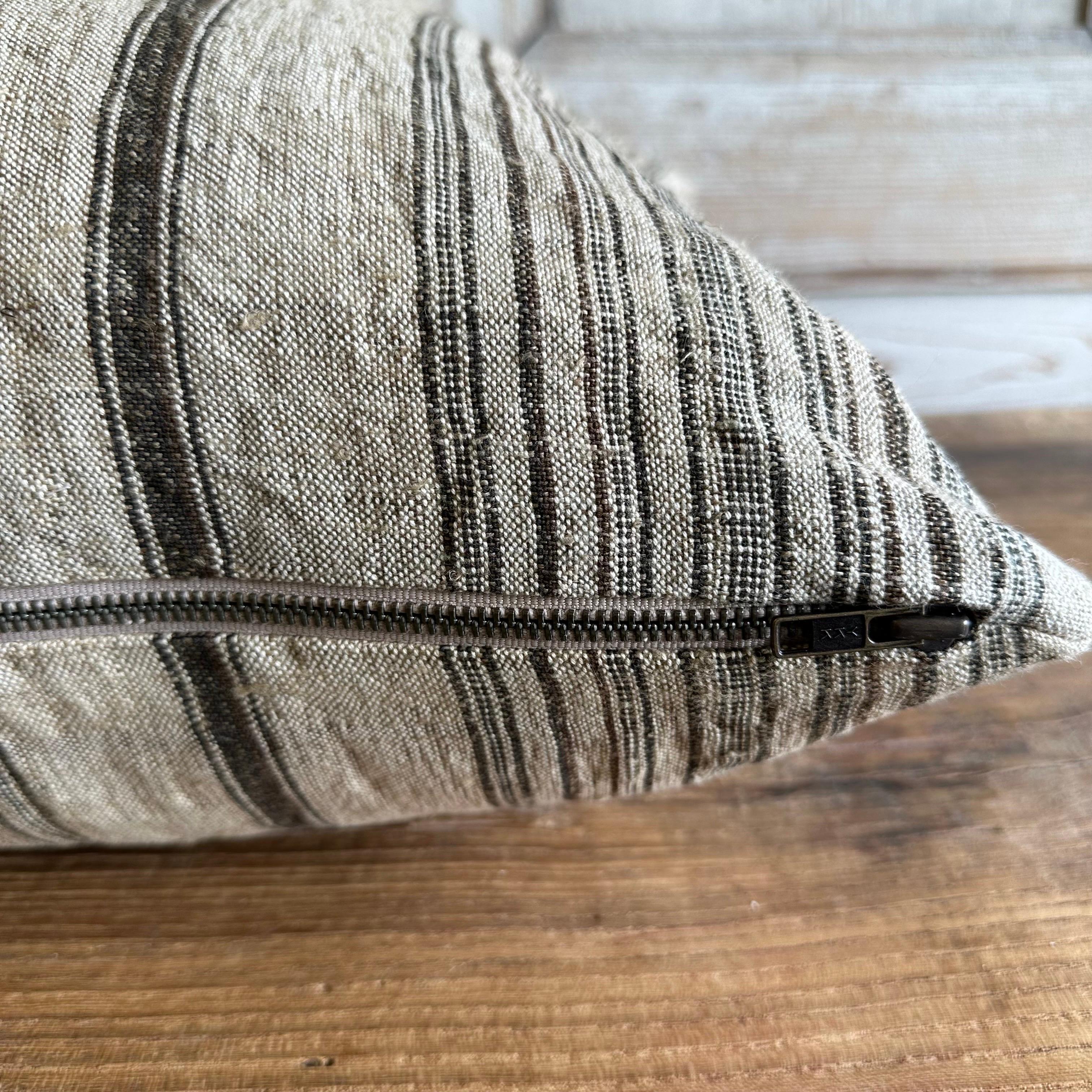 Contemporary Custom Made Linen Stripe Pillows in Oatmeal with Chocolate Stripes For Sale