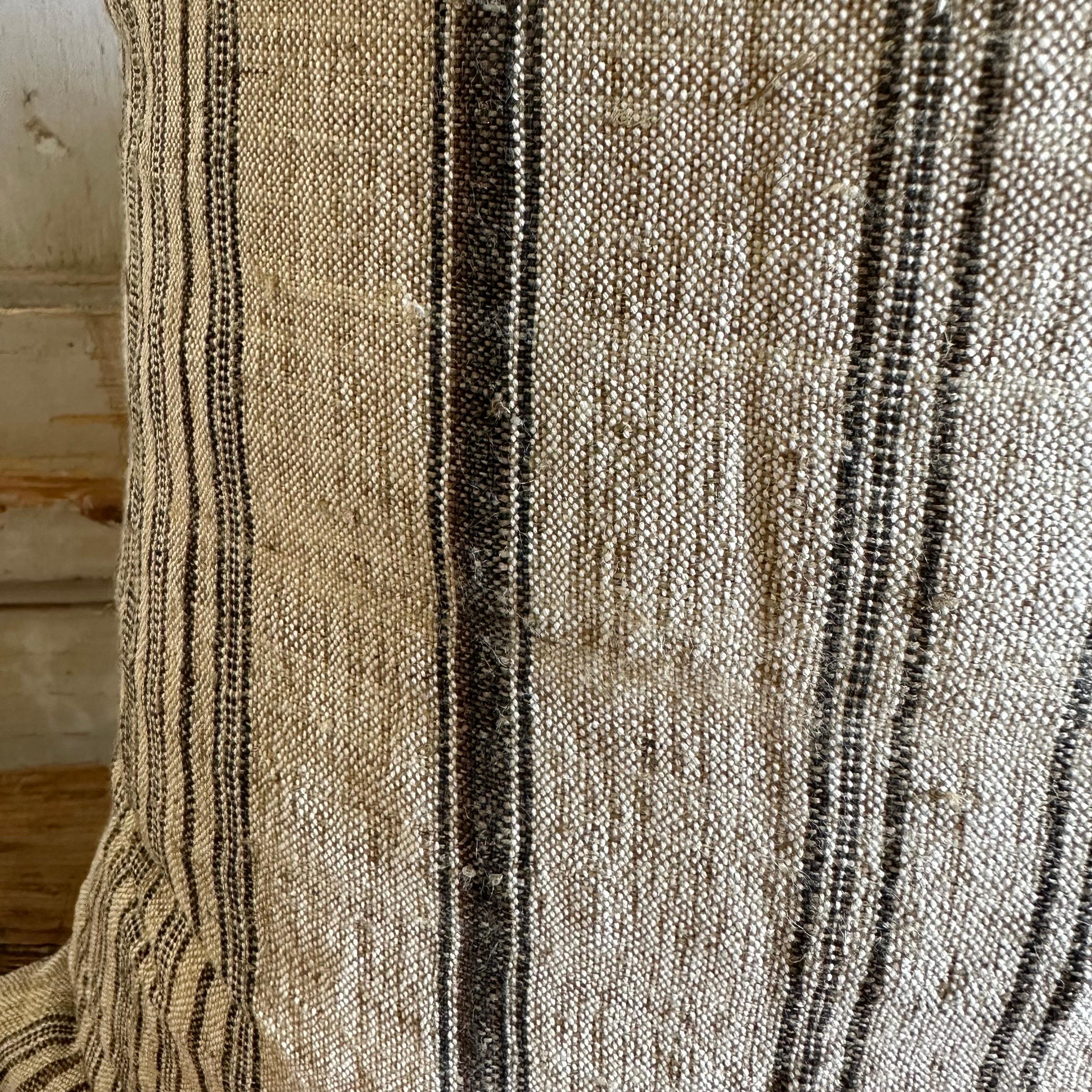 Custom Made Linen Stripe Pillows in Oatmeal with Chocolate Stripes For Sale 1