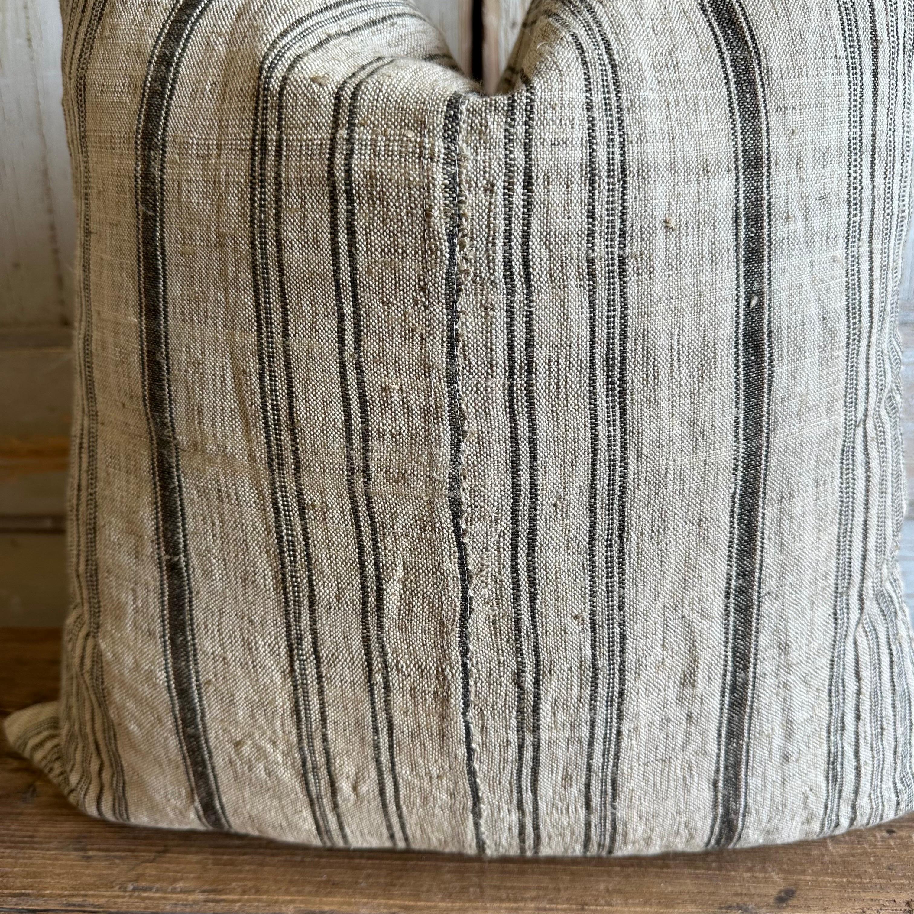 Custom Made Linen Stripe Pillows in Oatmeal with Chocolate Stripes For Sale 2