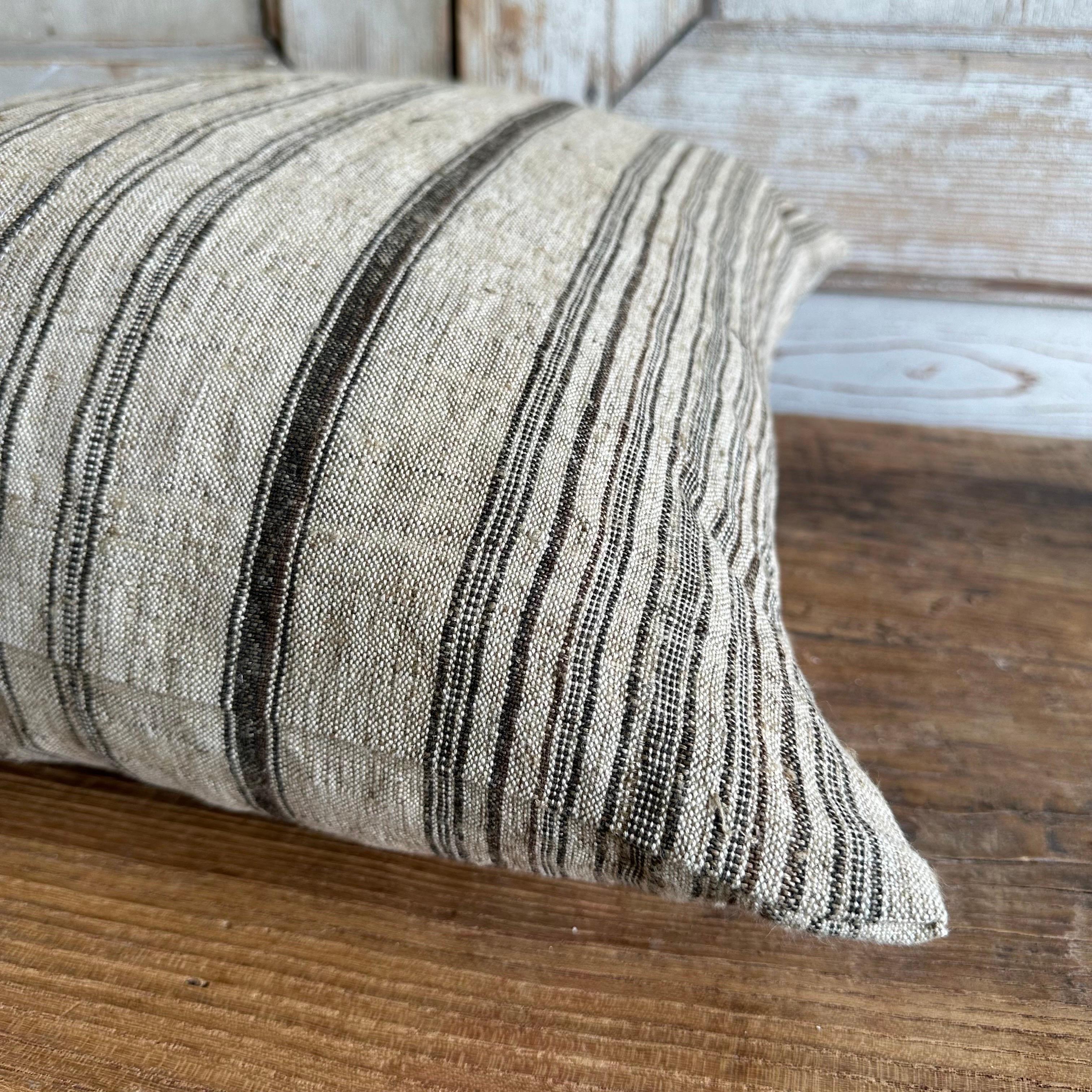 Custom Made Linen Stripe Pillows in Oatmeal with Chocolate Stripes For Sale 3