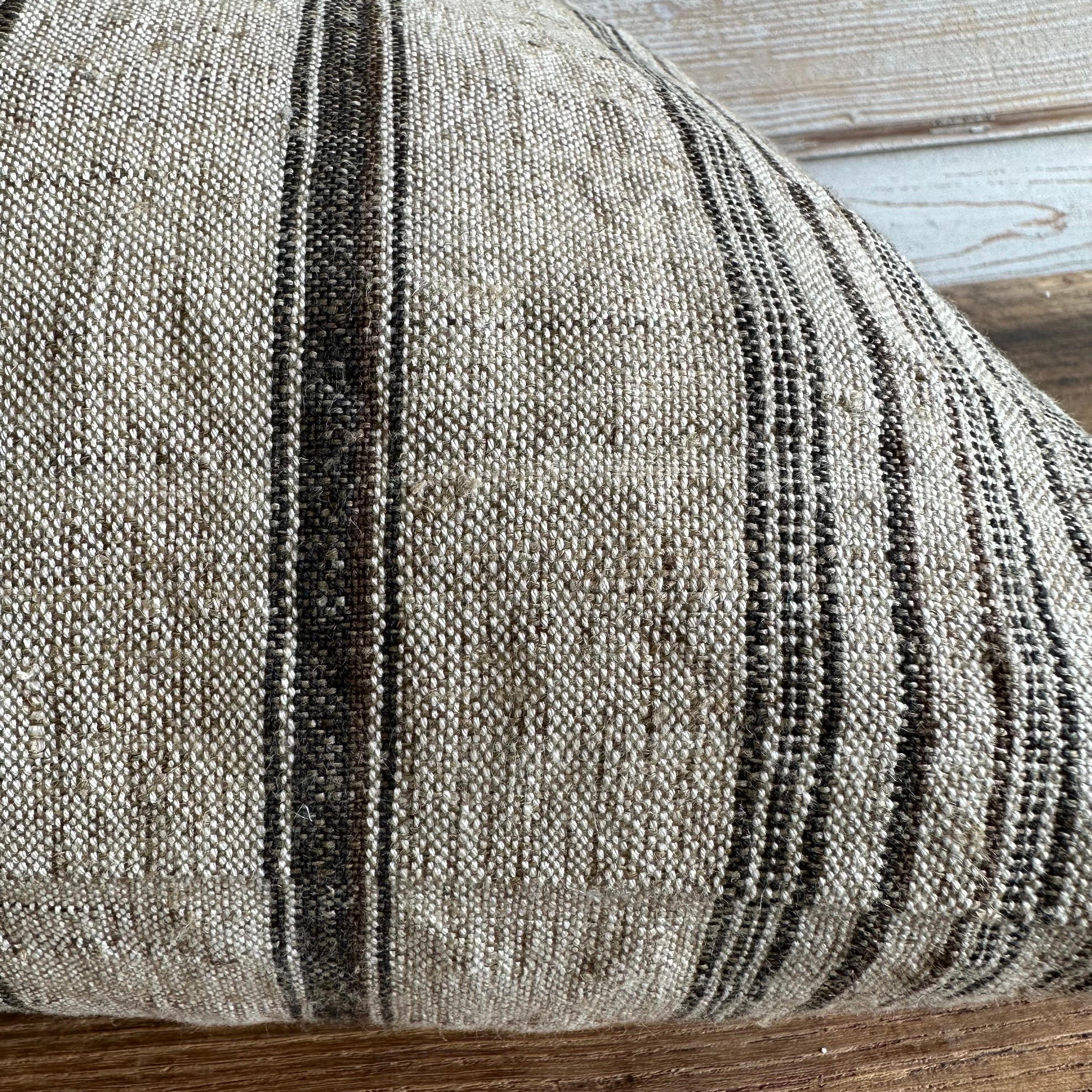 Custom Made Linen Stripe Pillows in Oatmeal with Chocolate Stripes For Sale 4