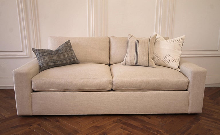 Custom Made Linen Upholstered Down Filled Sofa With Modern Square Arm