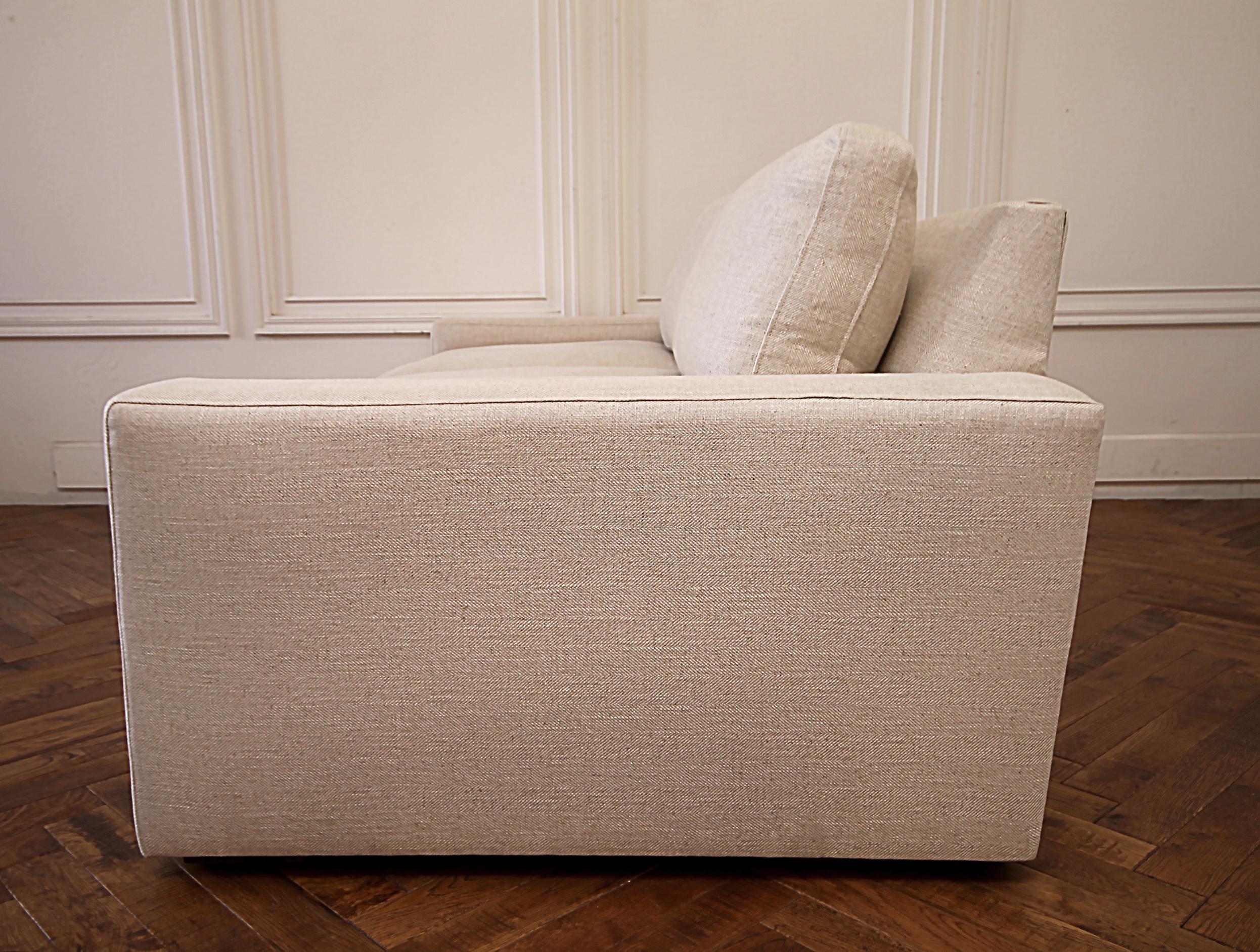 American Custom Made Linen Upholstered Down Filled Sofa with Modern Square Arm