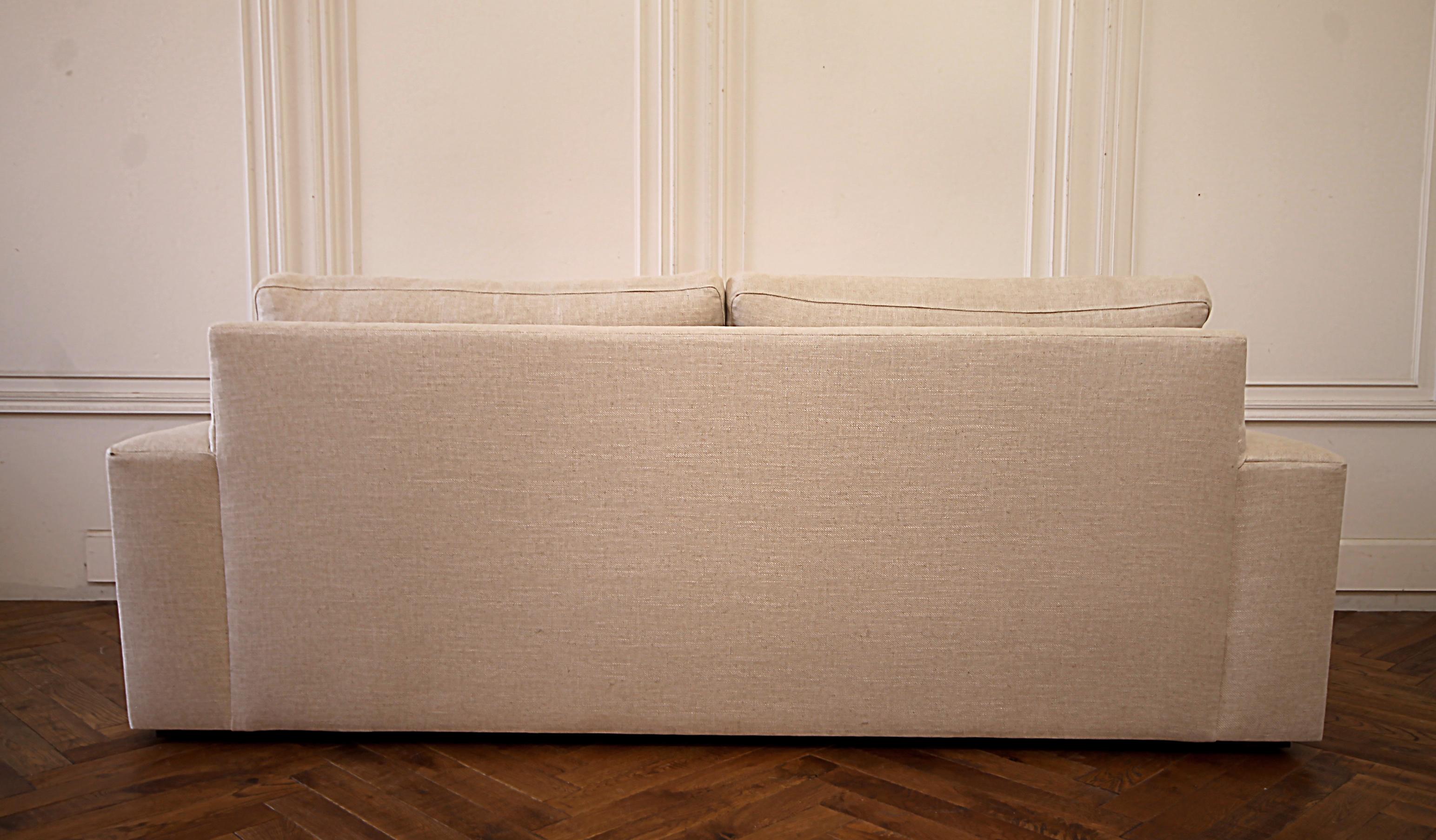 Custom Made Linen Upholstered Down Filled Sofa with Modern Square Arm In New Condition In Old Town Orange, CA